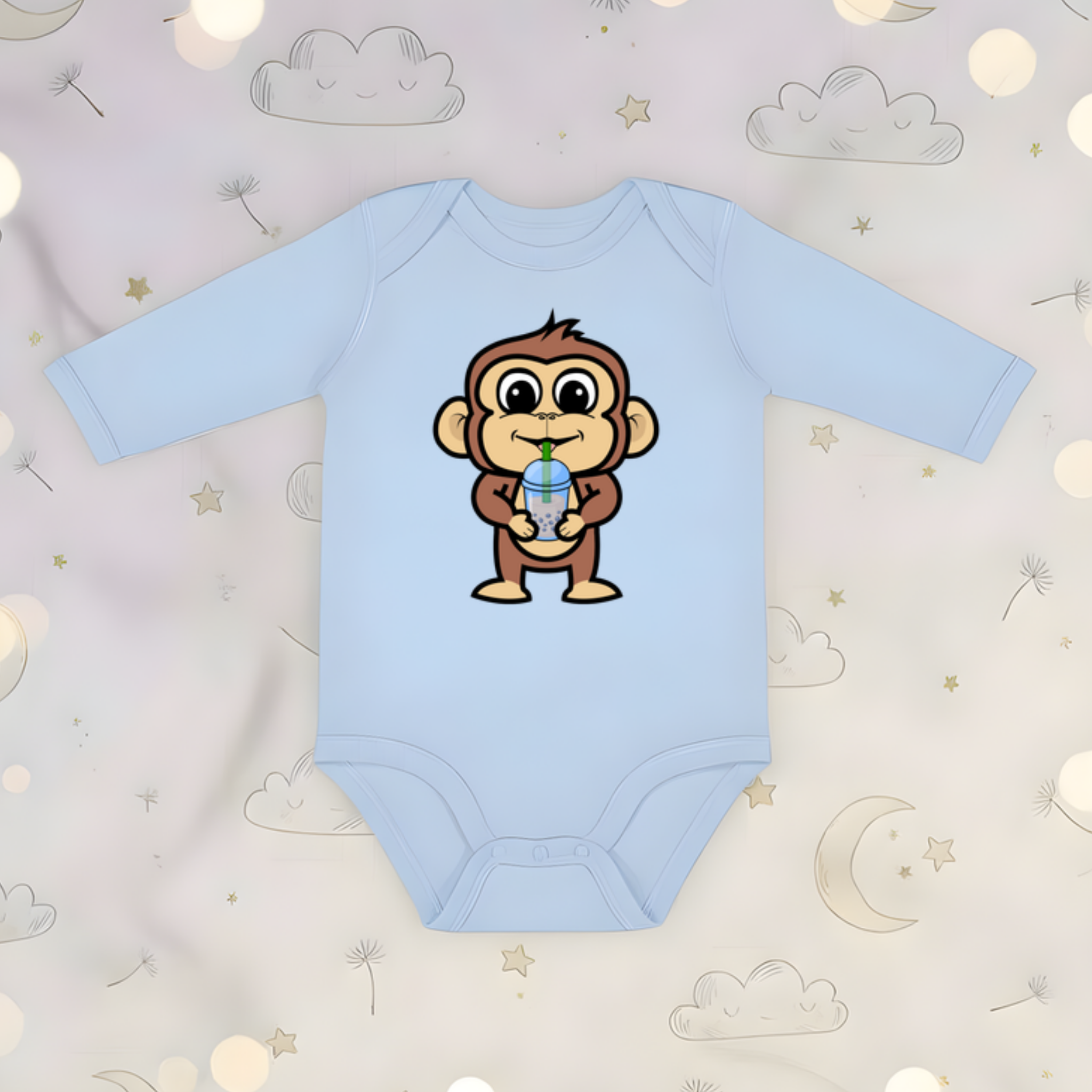 Monkey Drinking Boba Tea Long Sleeve Onesie