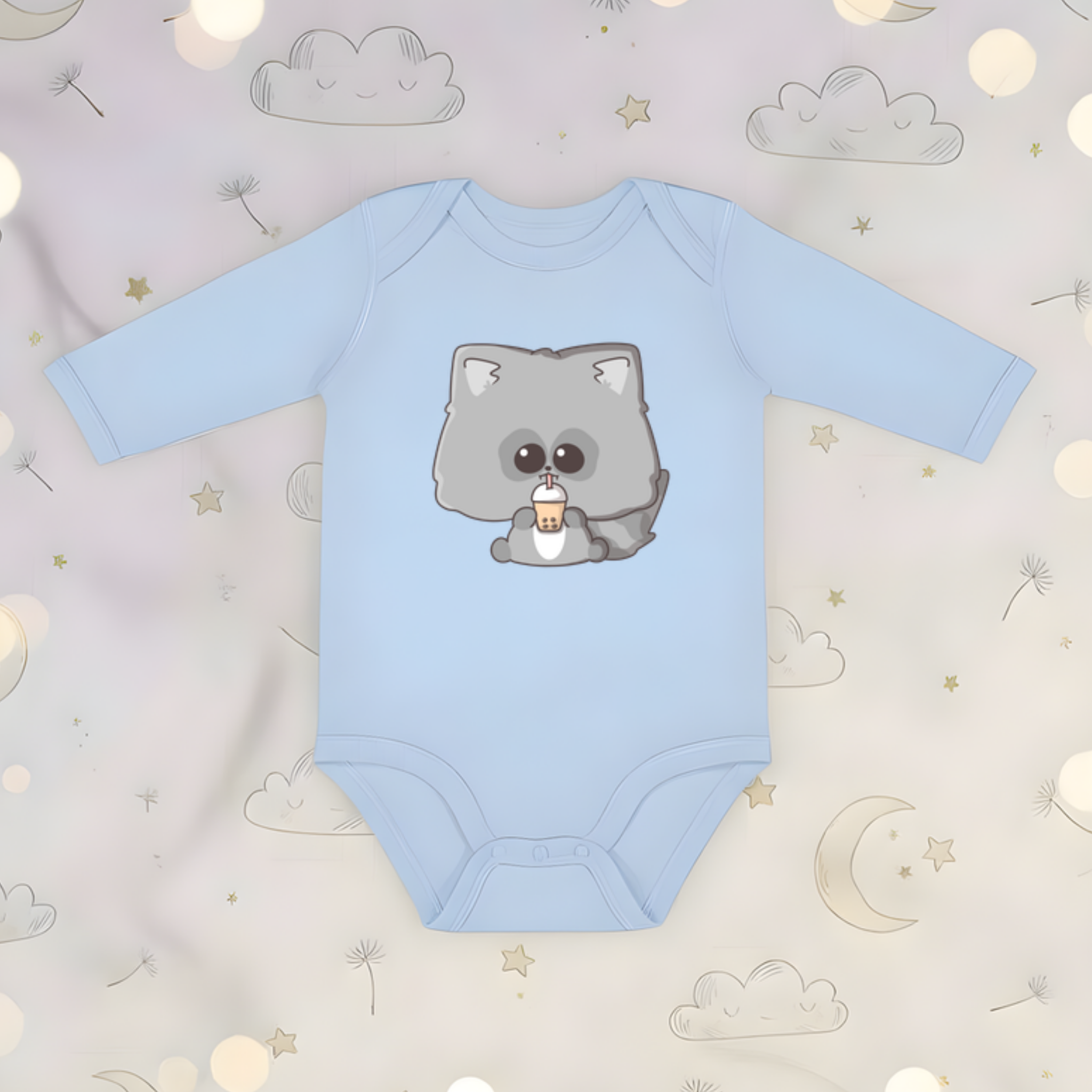 Raccoon Drinking Boba Tea Long Sleeve Onesie