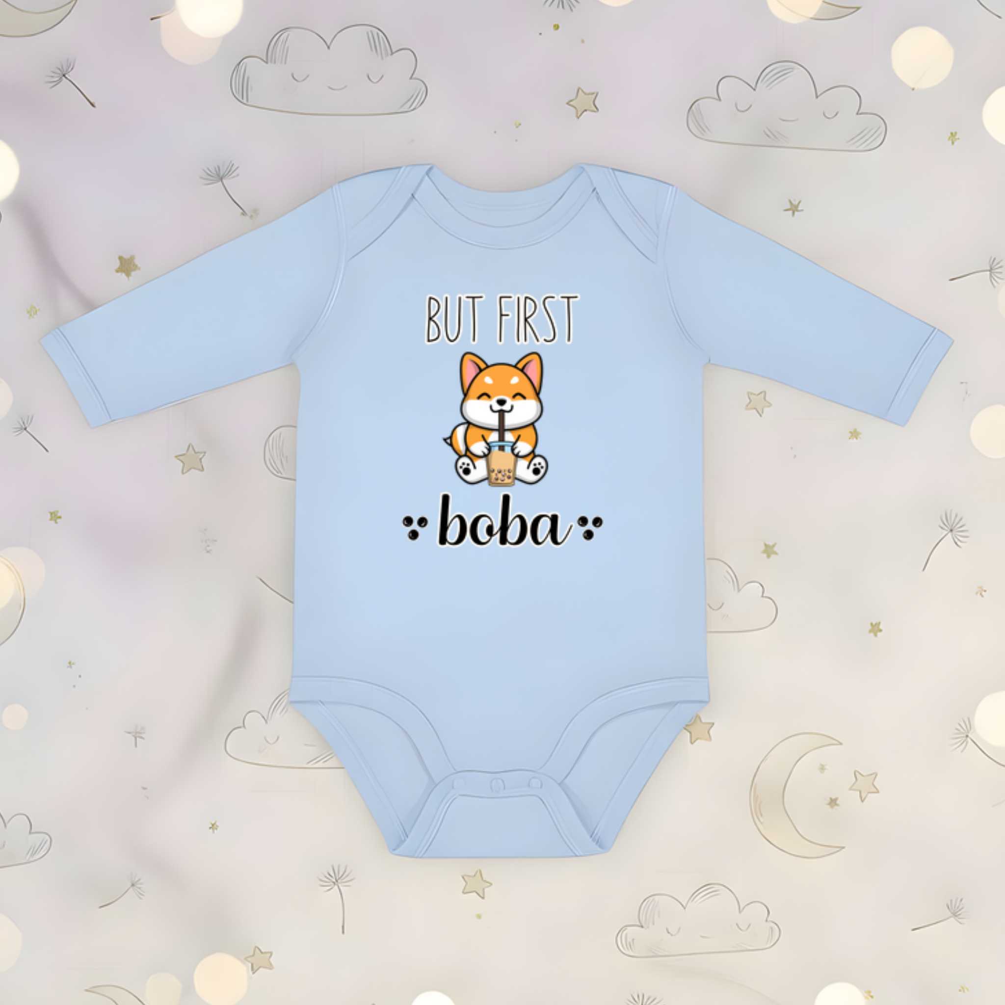 But First Boba Puppy Drinking Boba  Long Sleeve Onesie