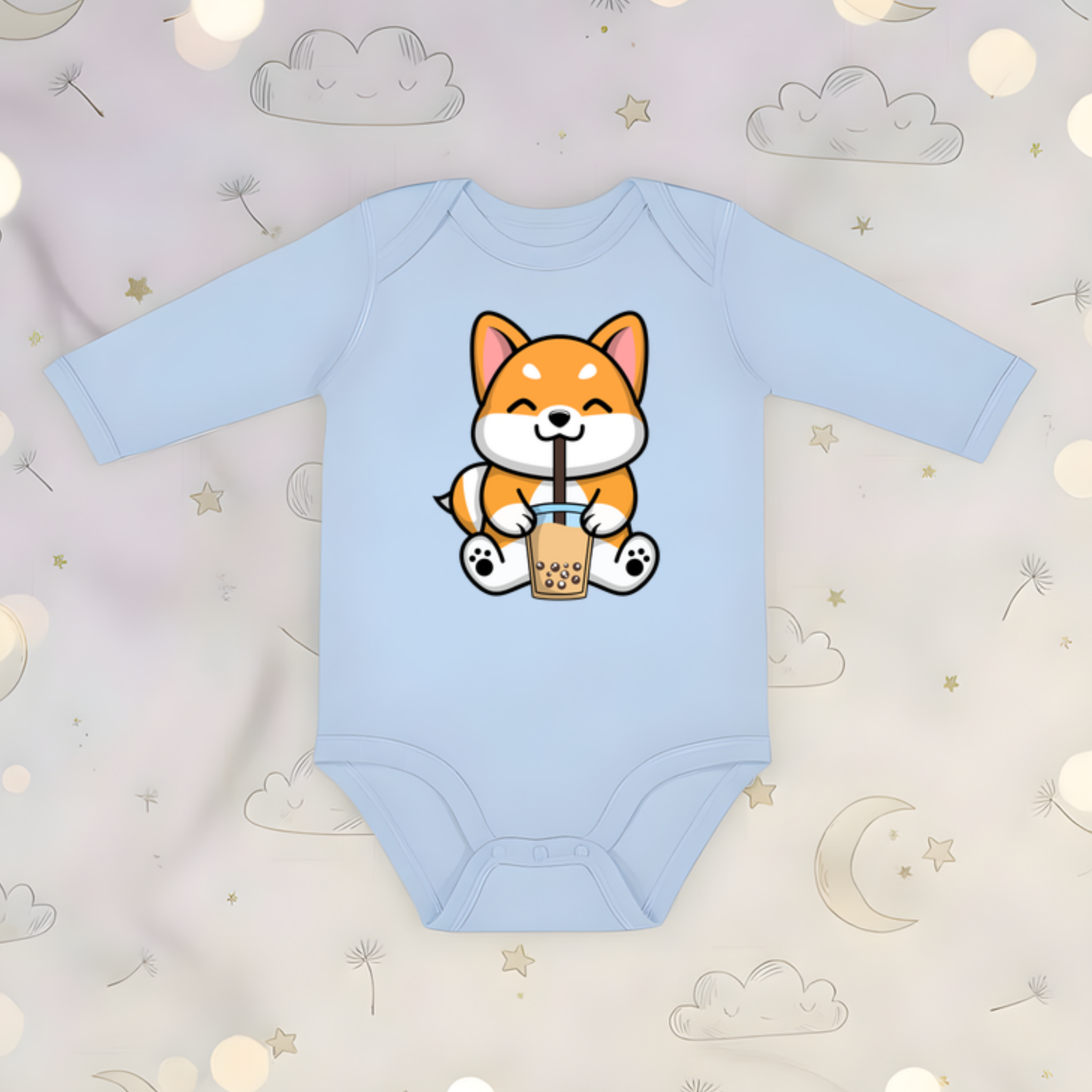 Puppy Drinking Boba Tea Long Sleeve Onesie