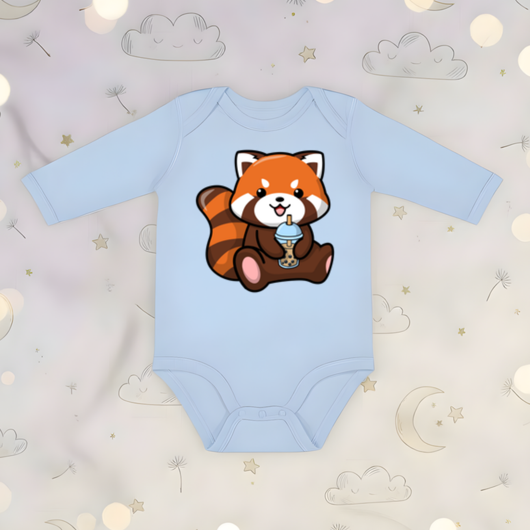Red Panda Drinking Boba Tea Long Sleeve Onesie
