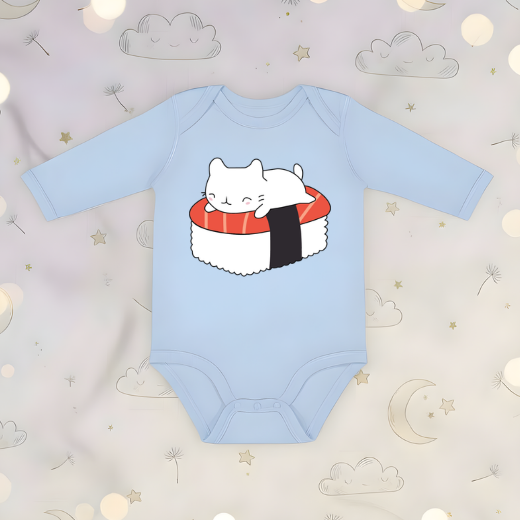 White Kitten on Sushi Bed Long Sleeve Onesie