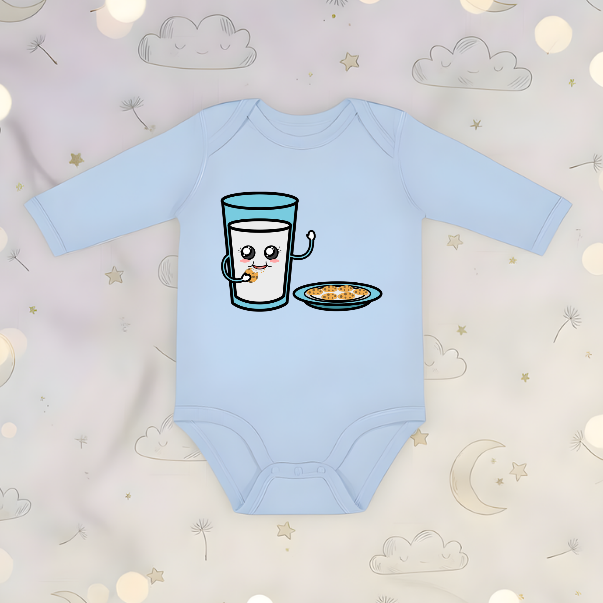 Glass of Milk Eating Cookies Long Sleeve Onesie