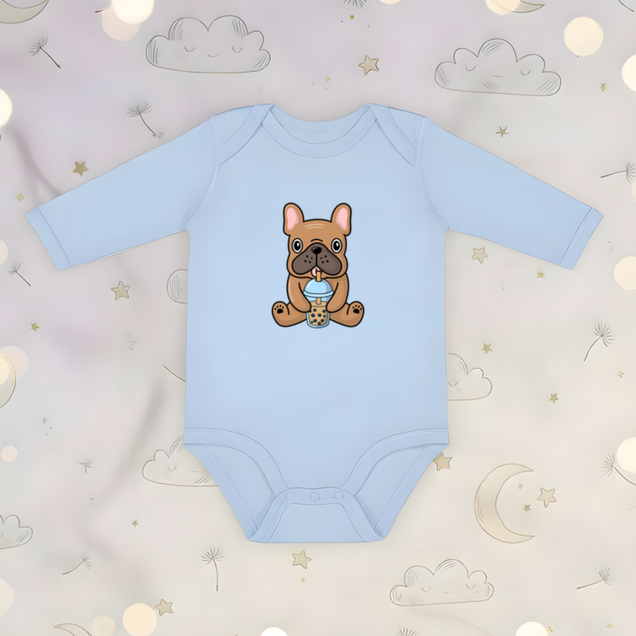 French Bulldog Drinking Boba Long Sleeve Onesie