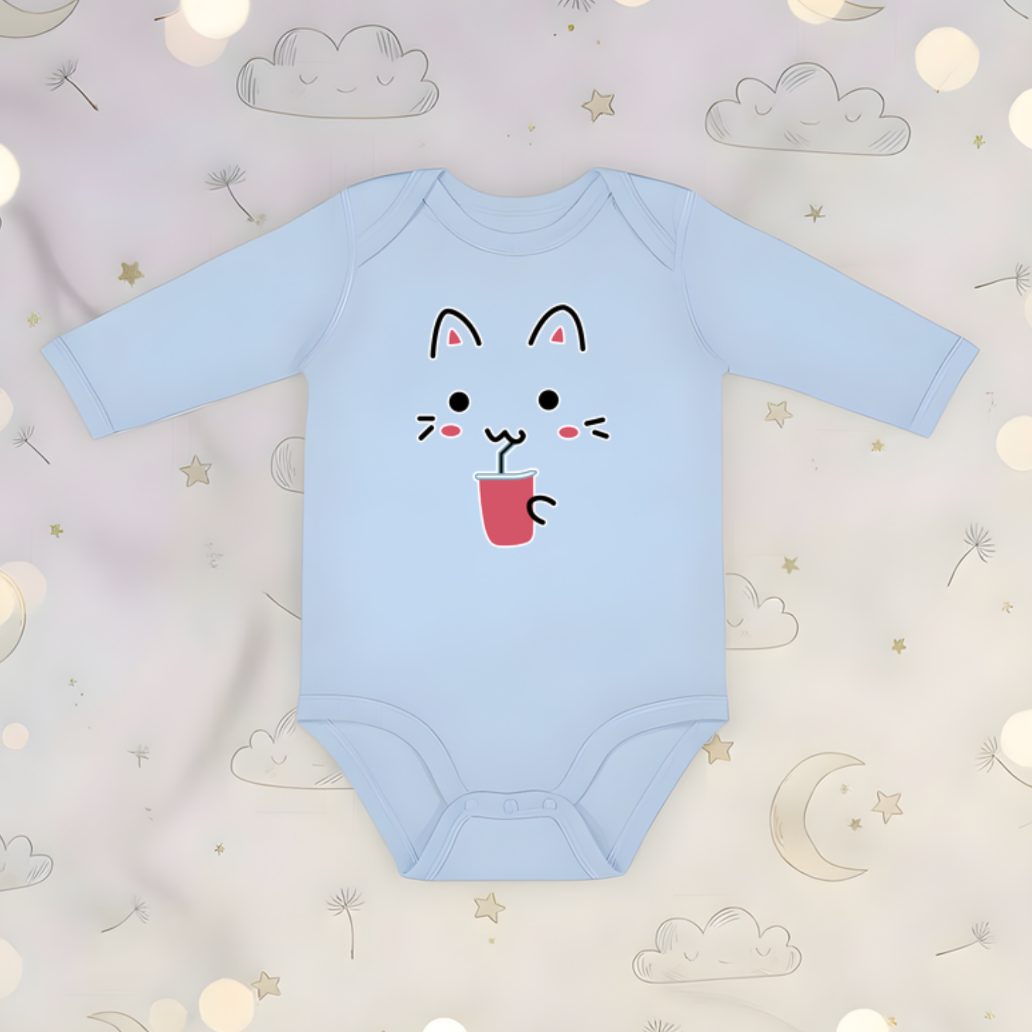 Kitten Drinking Boba Tea Long Sleeve Onesie