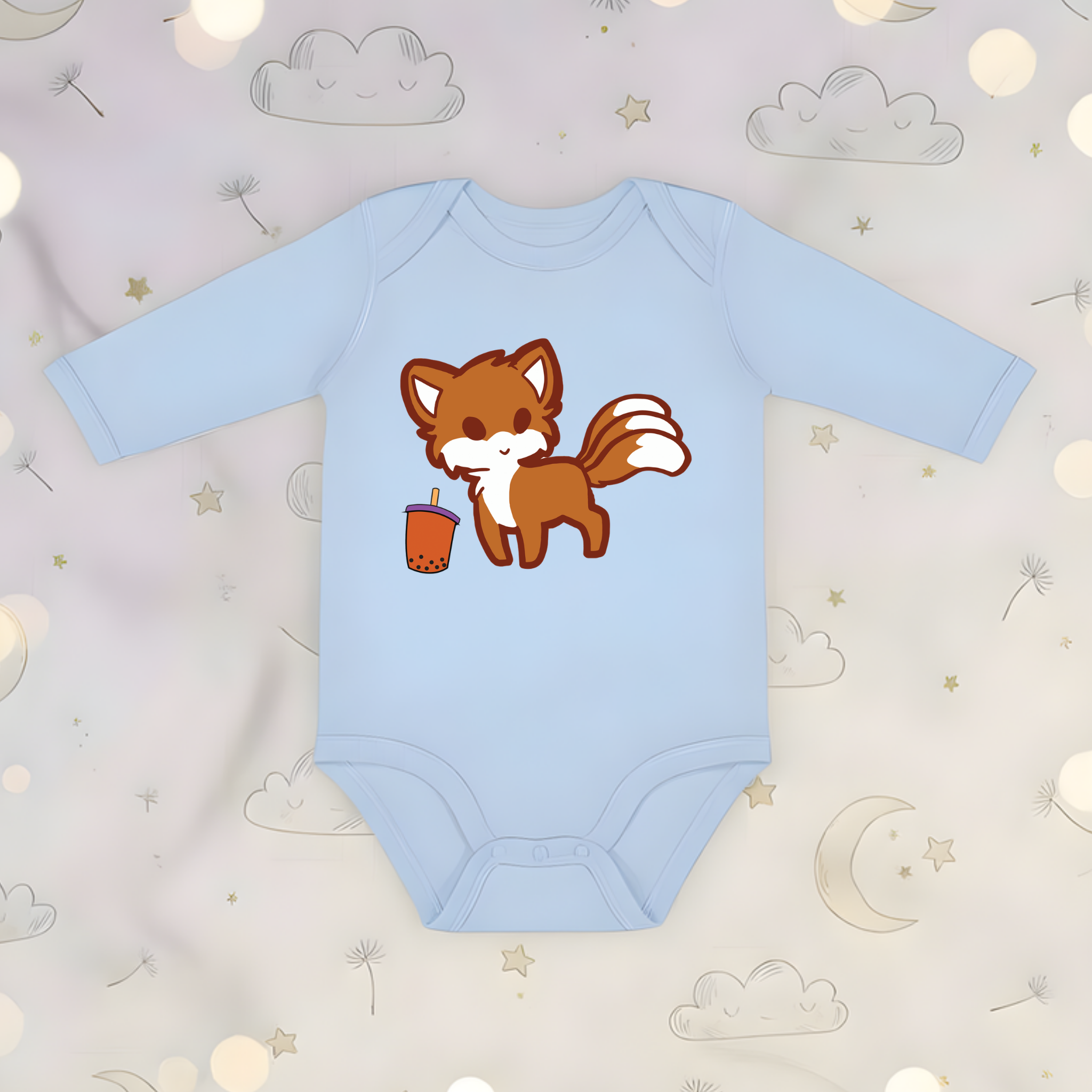 Fox Drinking Boba Tea Long Sleeve Onesie