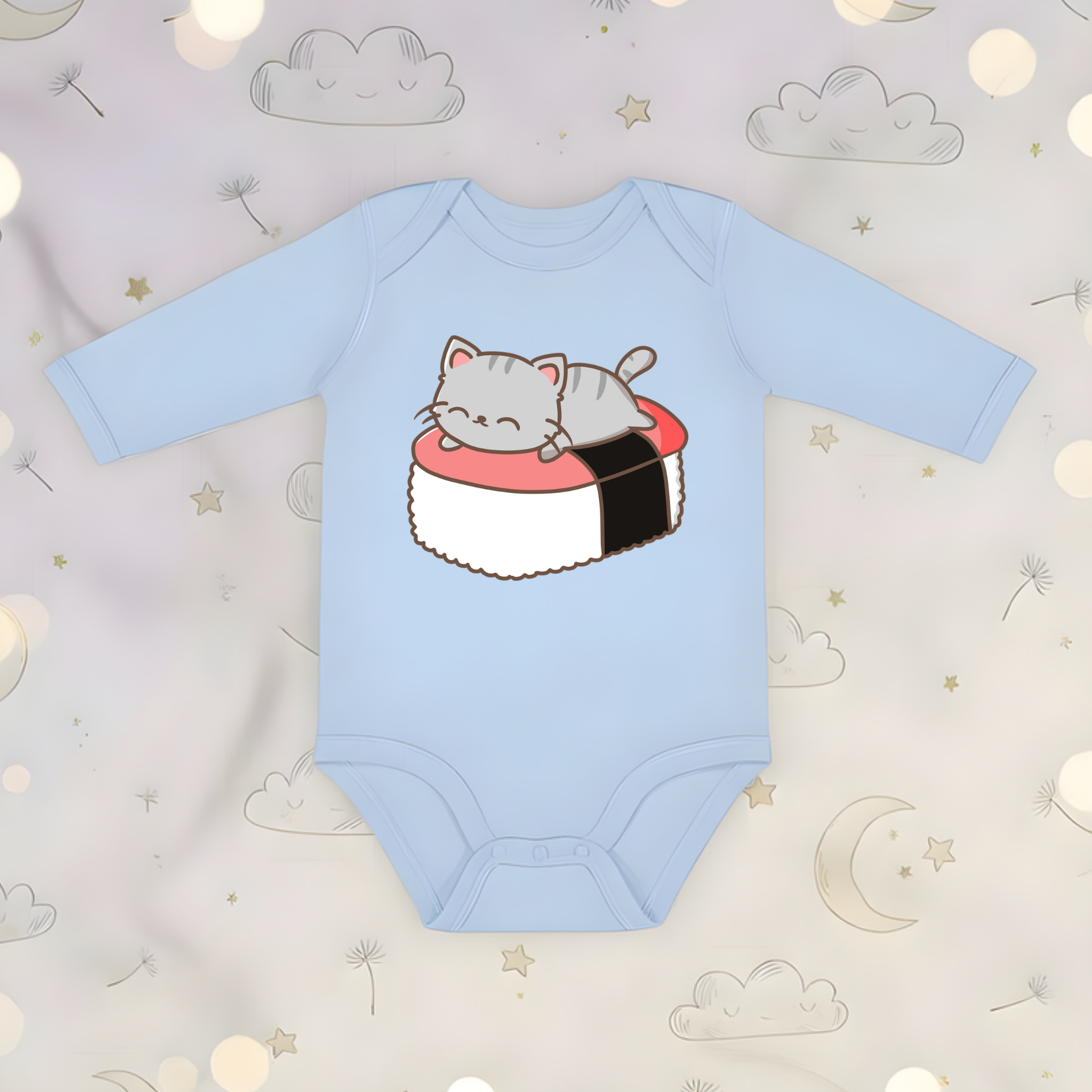 Grey Kitten on Sushi Bed Long Sleeve Onesie