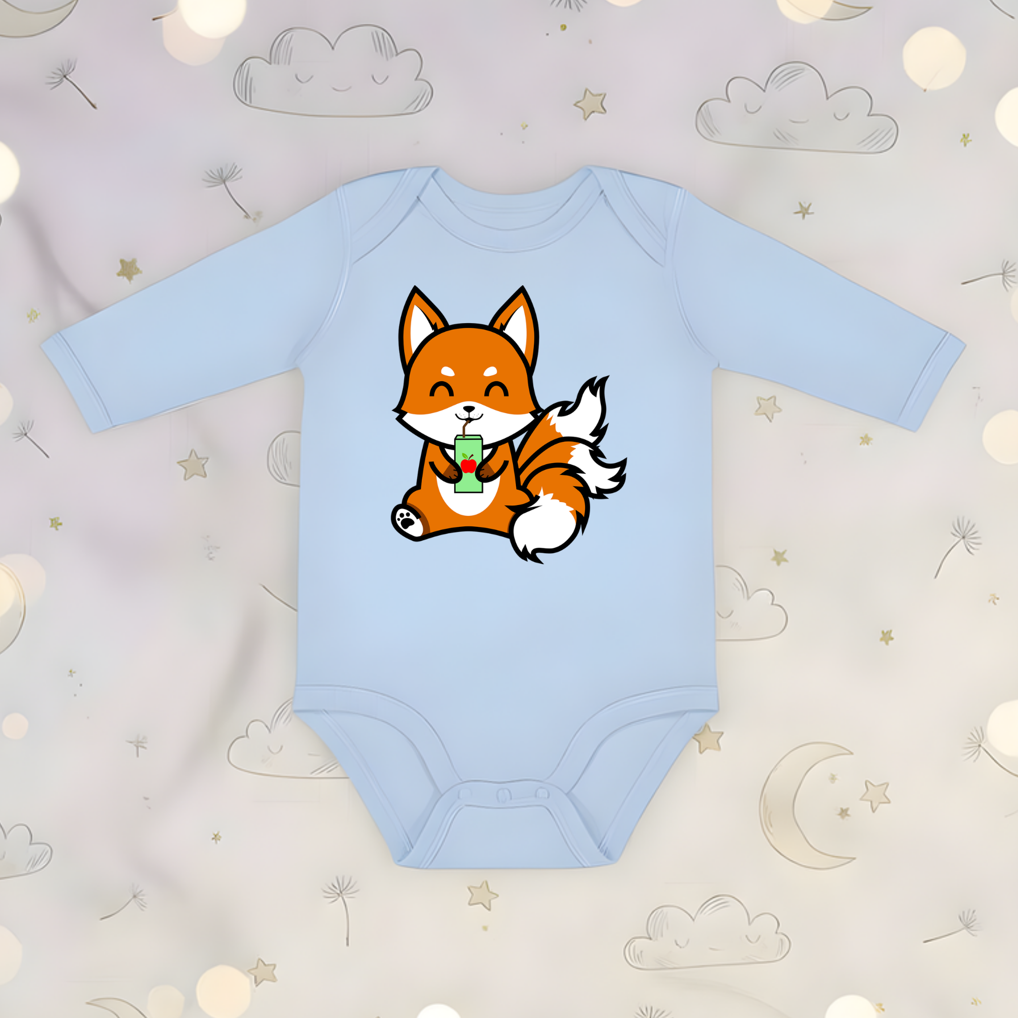 3-Tailed Fox Drinking Apple Juice Long Sleeve Onesie