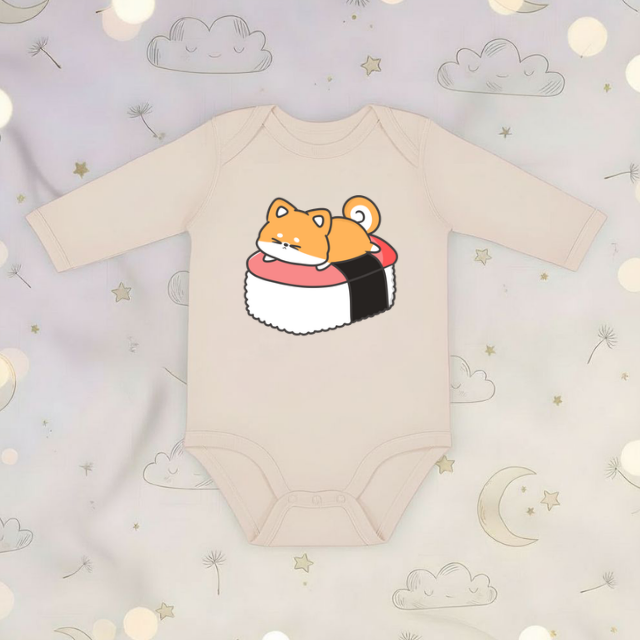 Puppy on Sushi Bed Long Sleeve Onesie