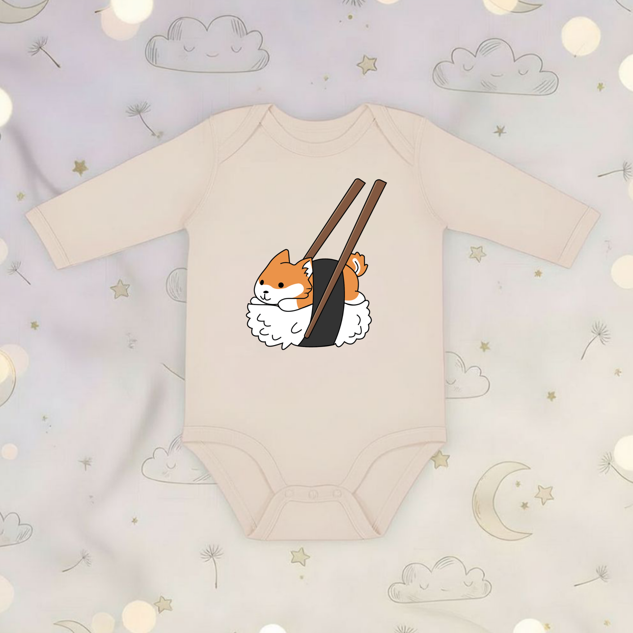 Shiba Inu Sushi with Chopsticks Long Sleeve Onesie