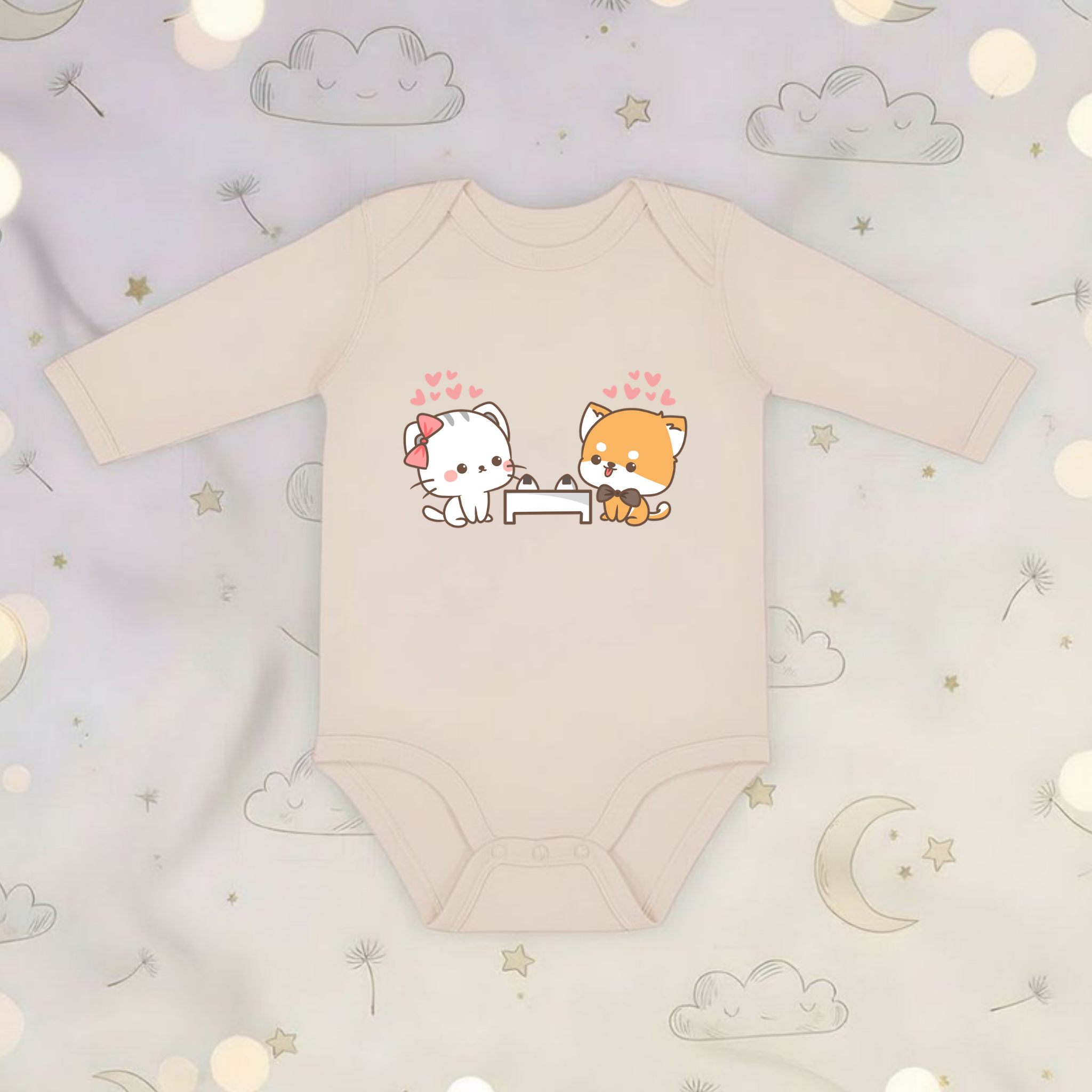 Cat and Dog Sushi Date Long Sleeve Onesie