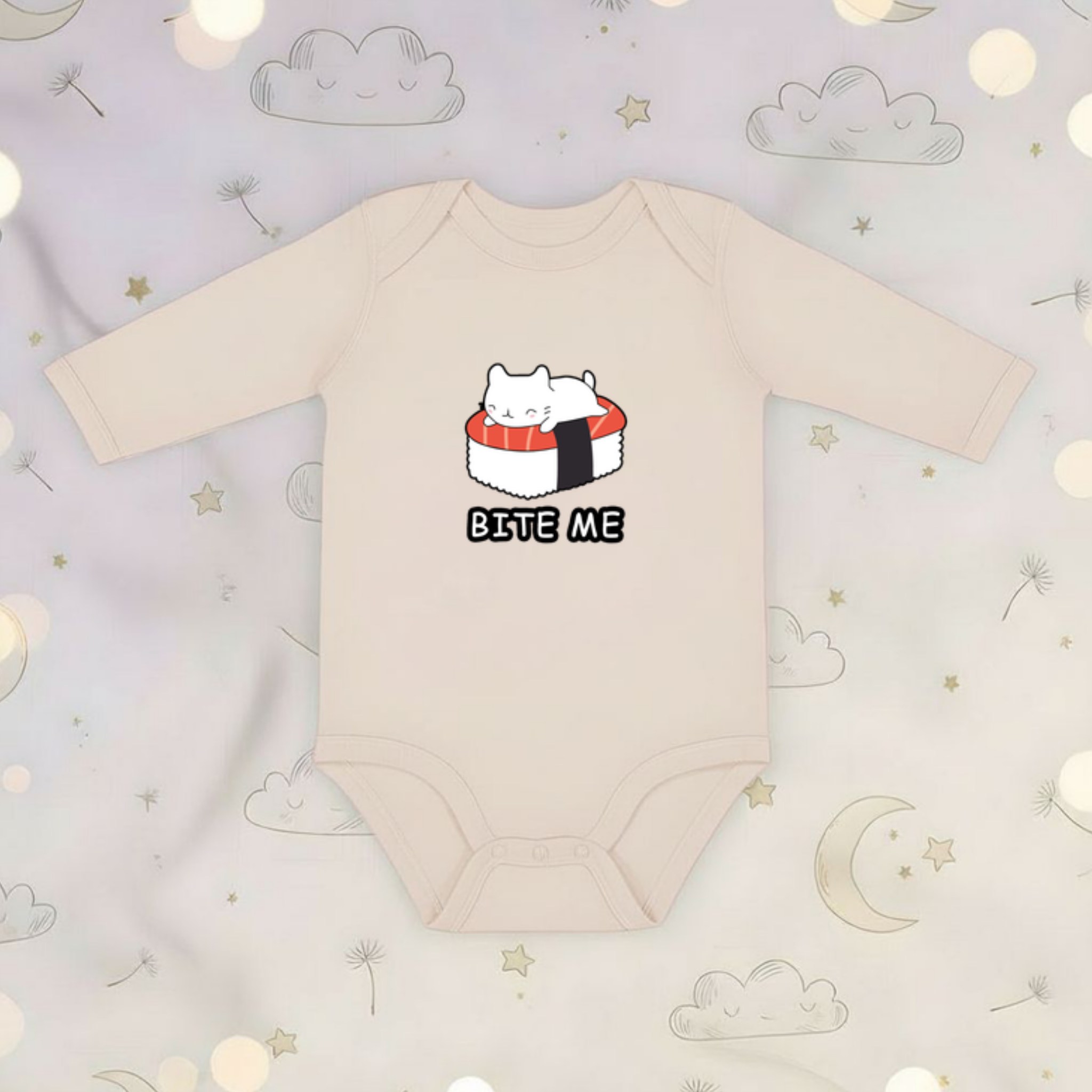 Bite Me White Kitten on Sushi Bed Long Sleeve Onesie