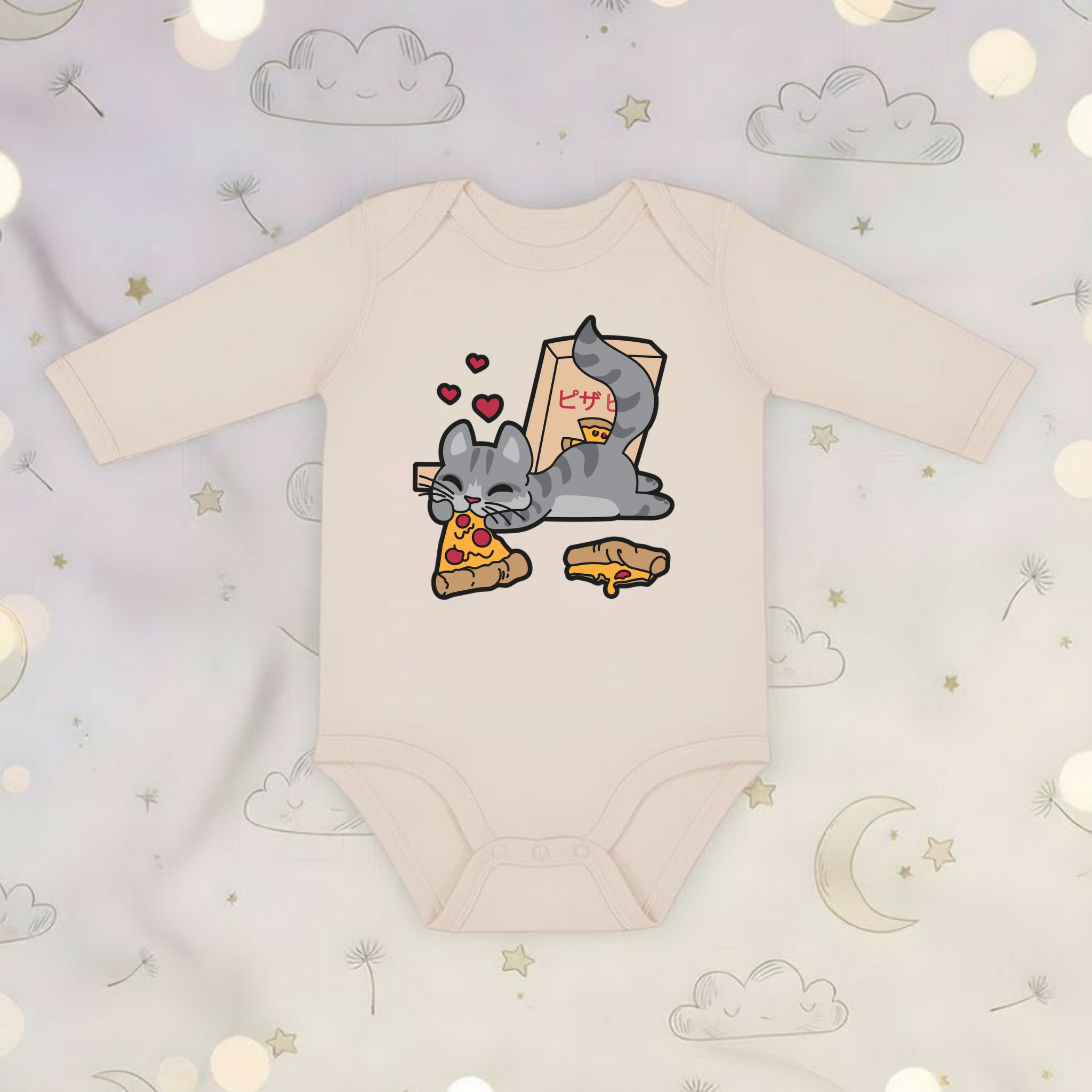 Cat Eating Pizza Long Sleeve Onesie