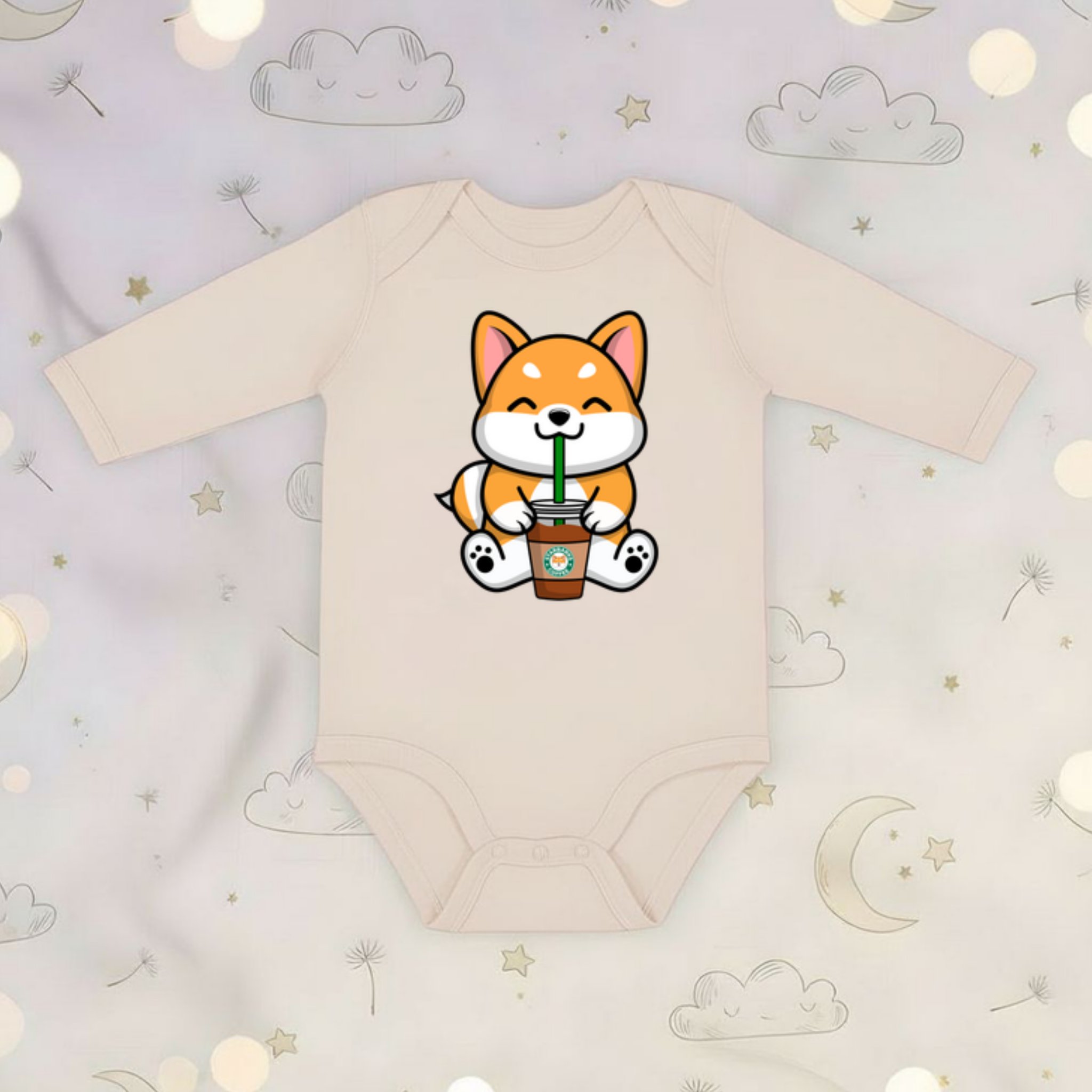 Puppy Drinking Coffee Long Sleeve Onesie