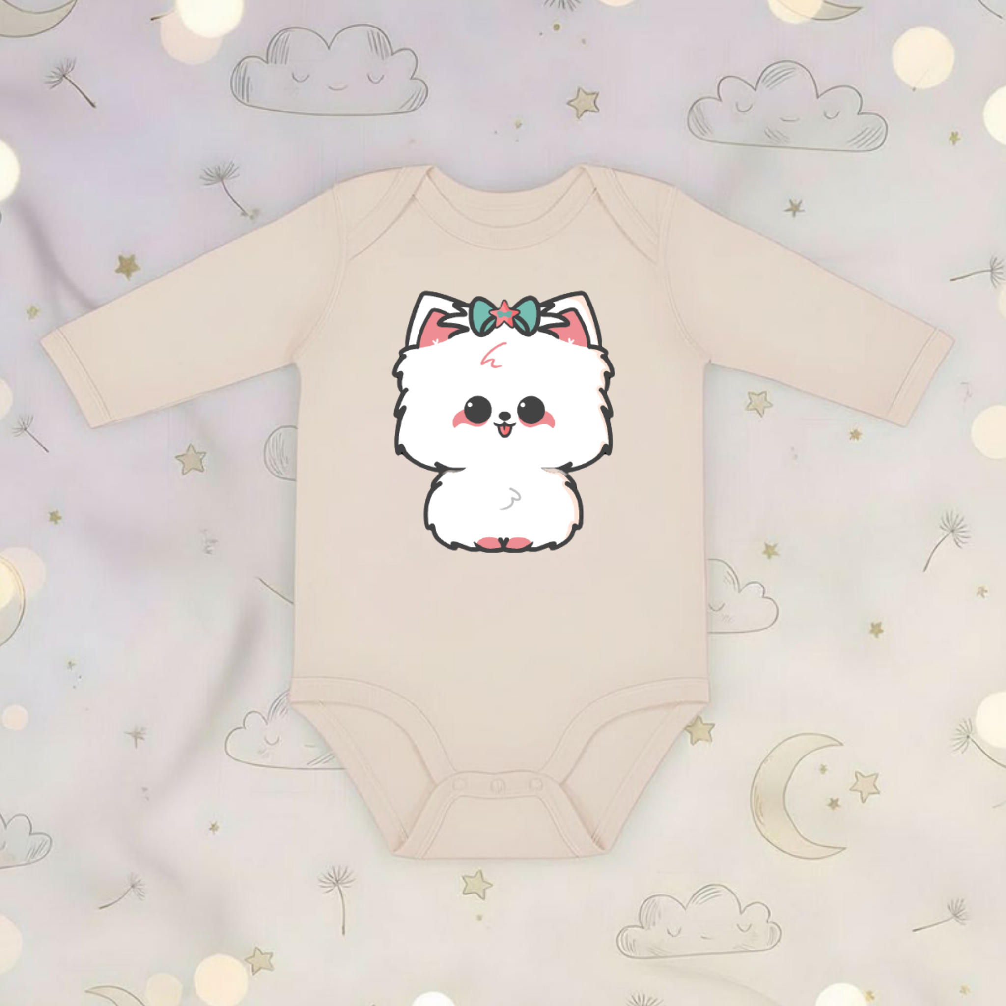 White Puppy with Bow Long Sleeve Onesie