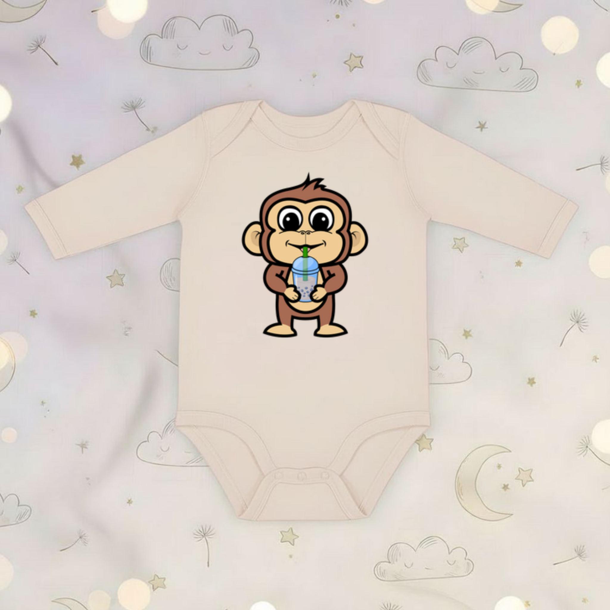 Monkey Drinking Boba Tea Long Sleeve Onesie