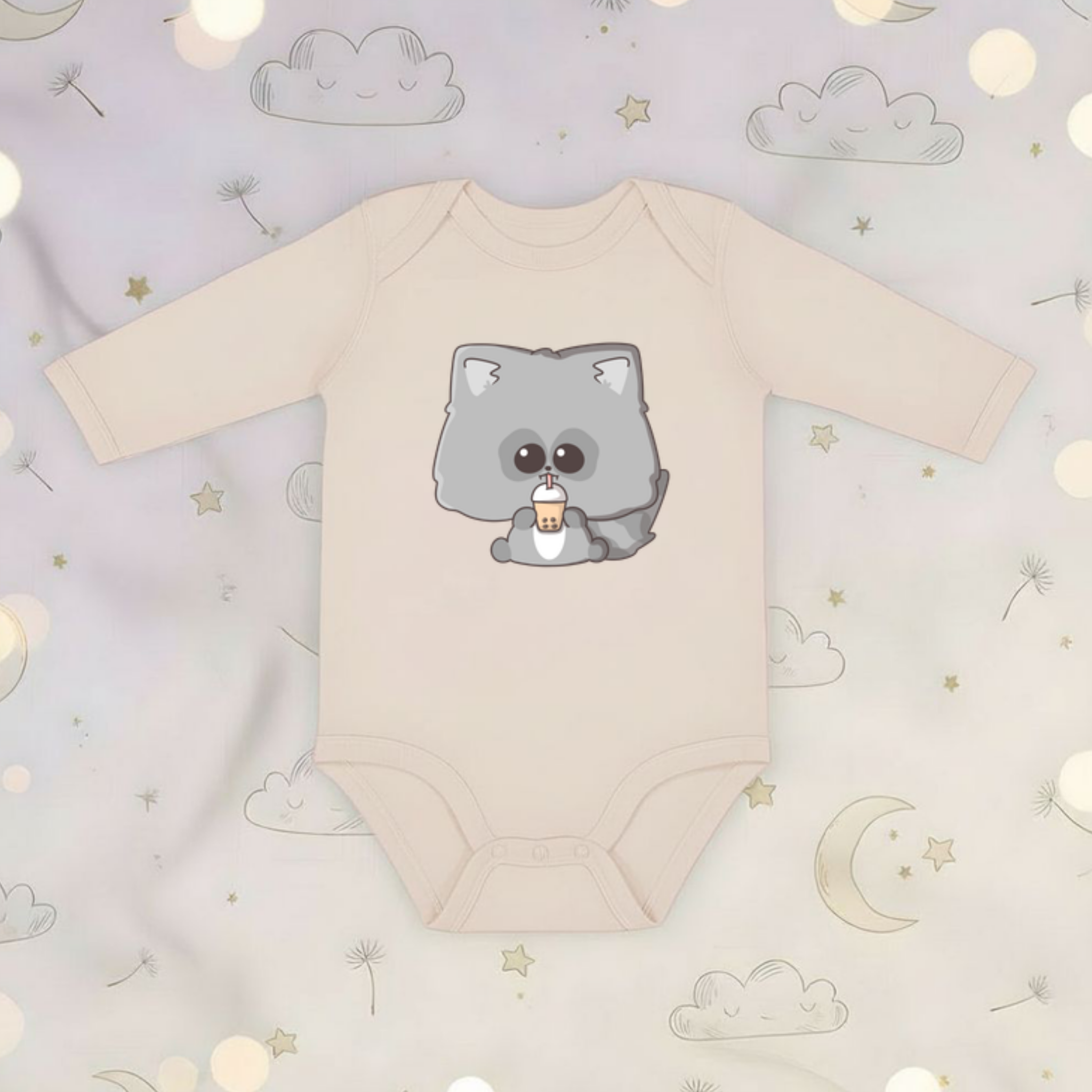Raccoon Drinking Boba Tea Long Sleeve Onesie