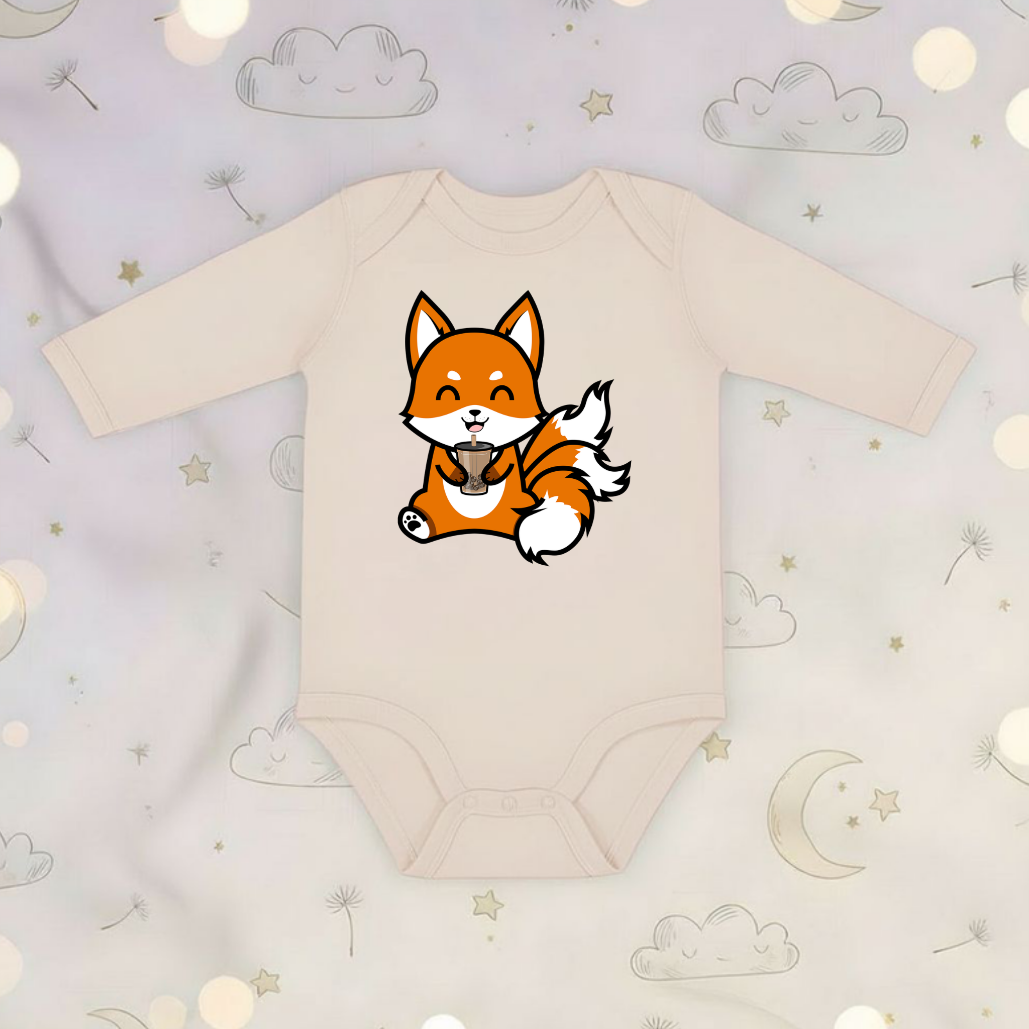 3-Tailed Fox Drinking Boba Tea Long Sleeve Onesie