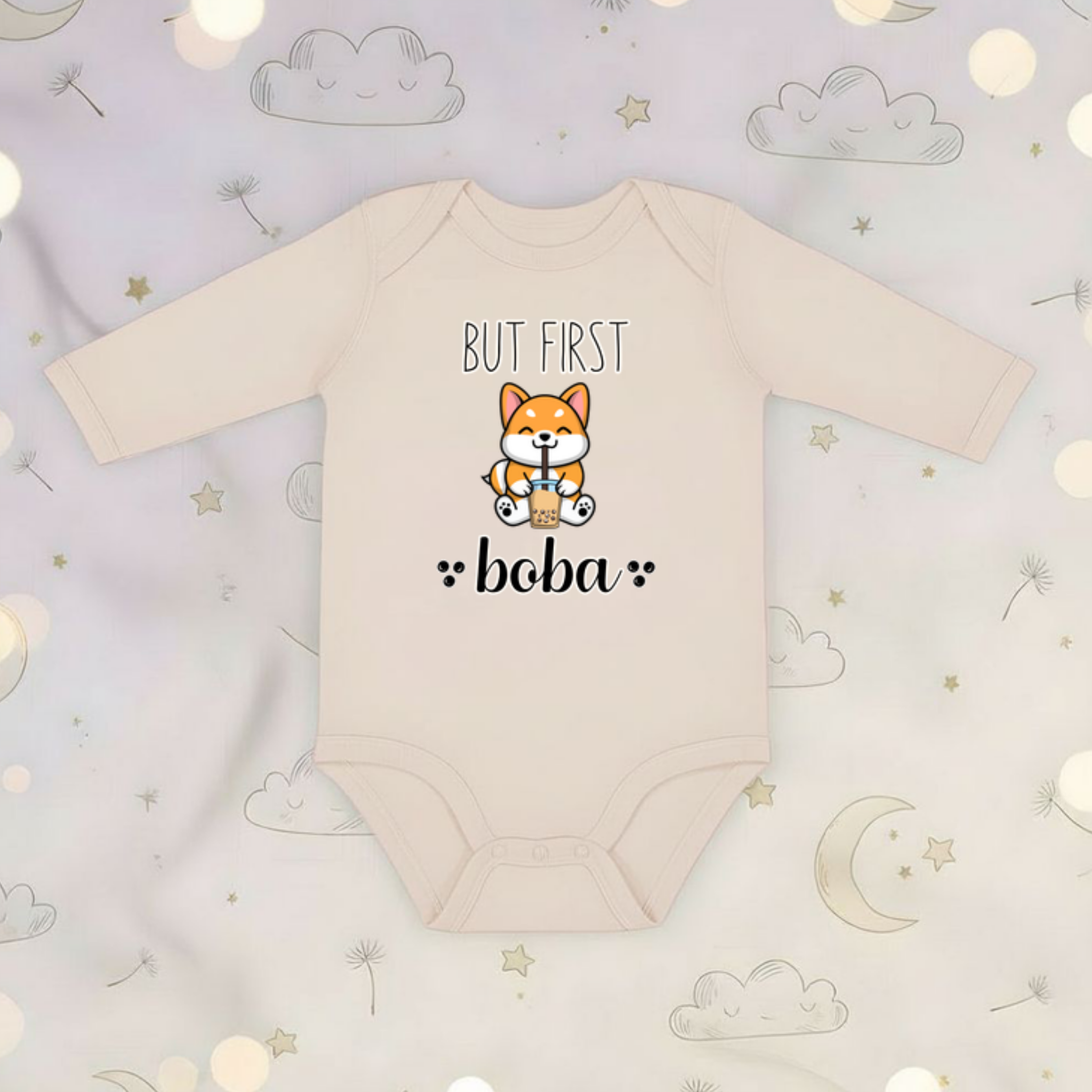 But First Boba Puppy Drinking Boba  Long Sleeve Onesie