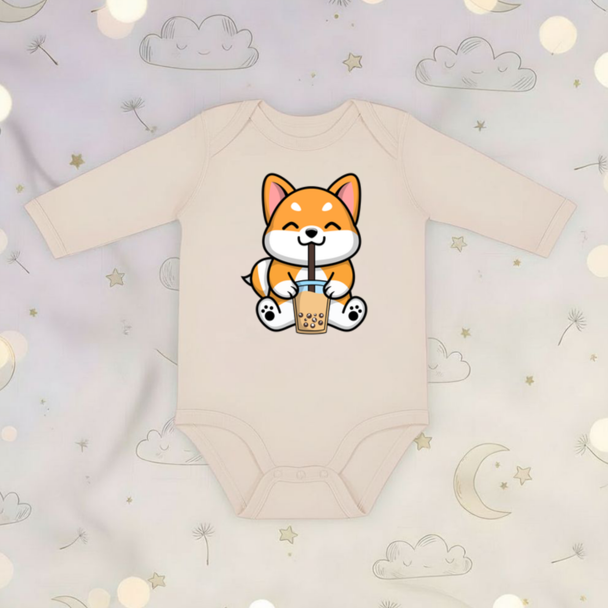 Puppy Drinking Boba Tea Long Sleeve Onesie