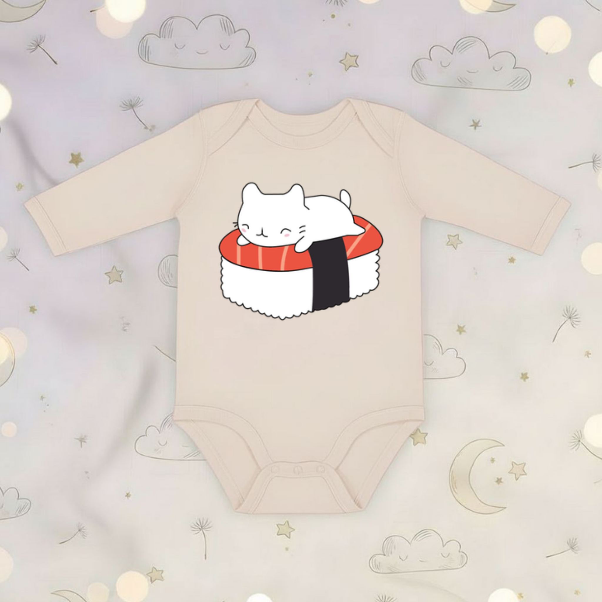 White Kitten on Sushi Bed Long Sleeve Onesie