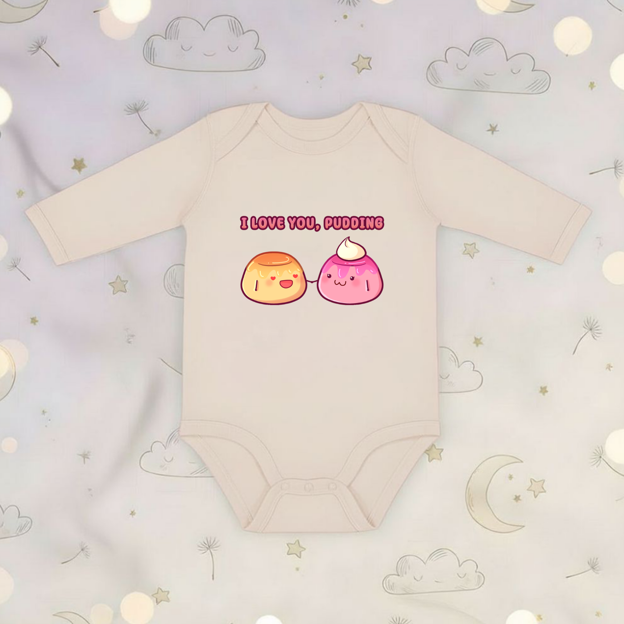 I Love You, Pudding Flan and Pudding Couple Long Sleeve Onesie