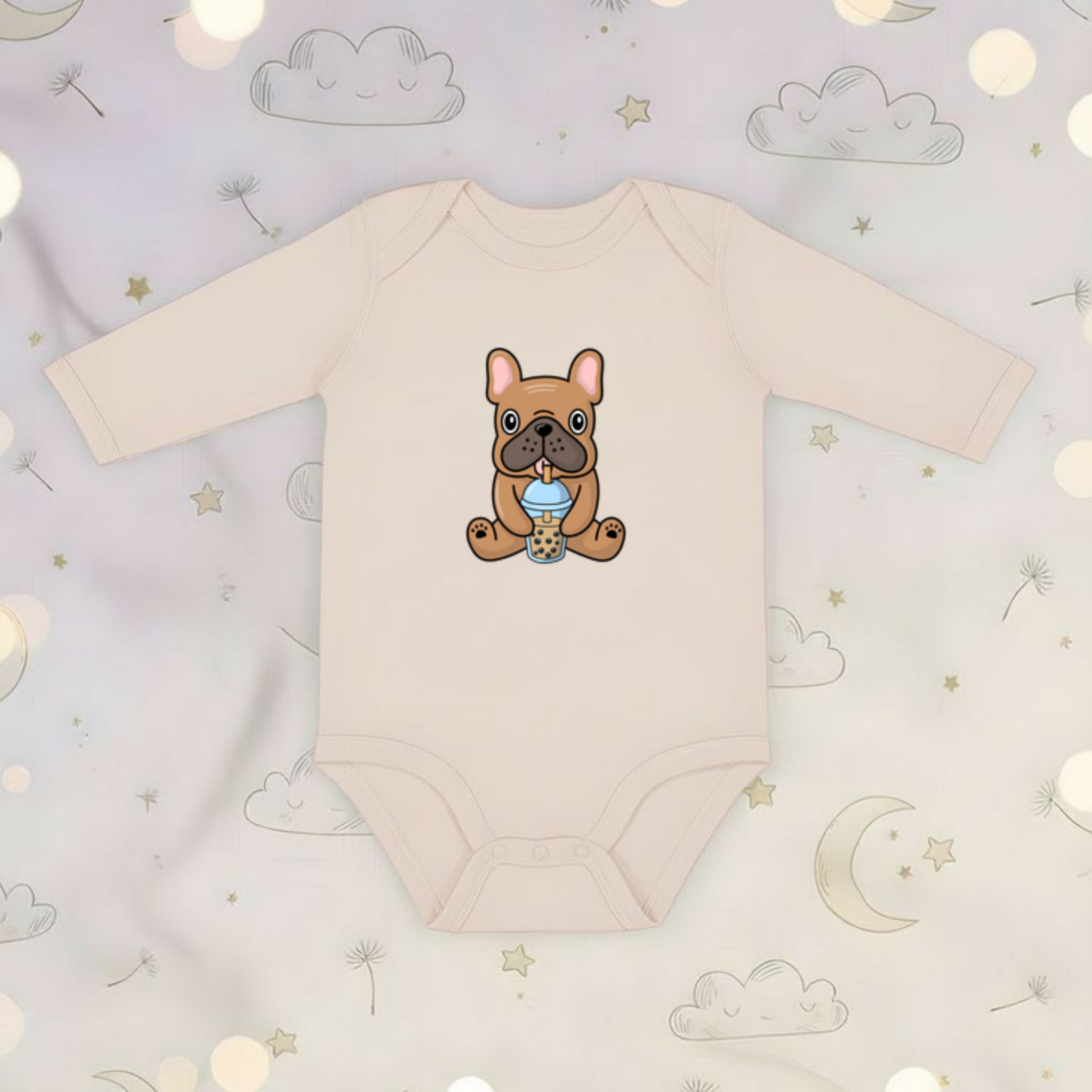 French Bulldog Drinking Boba Long Sleeve Onesie