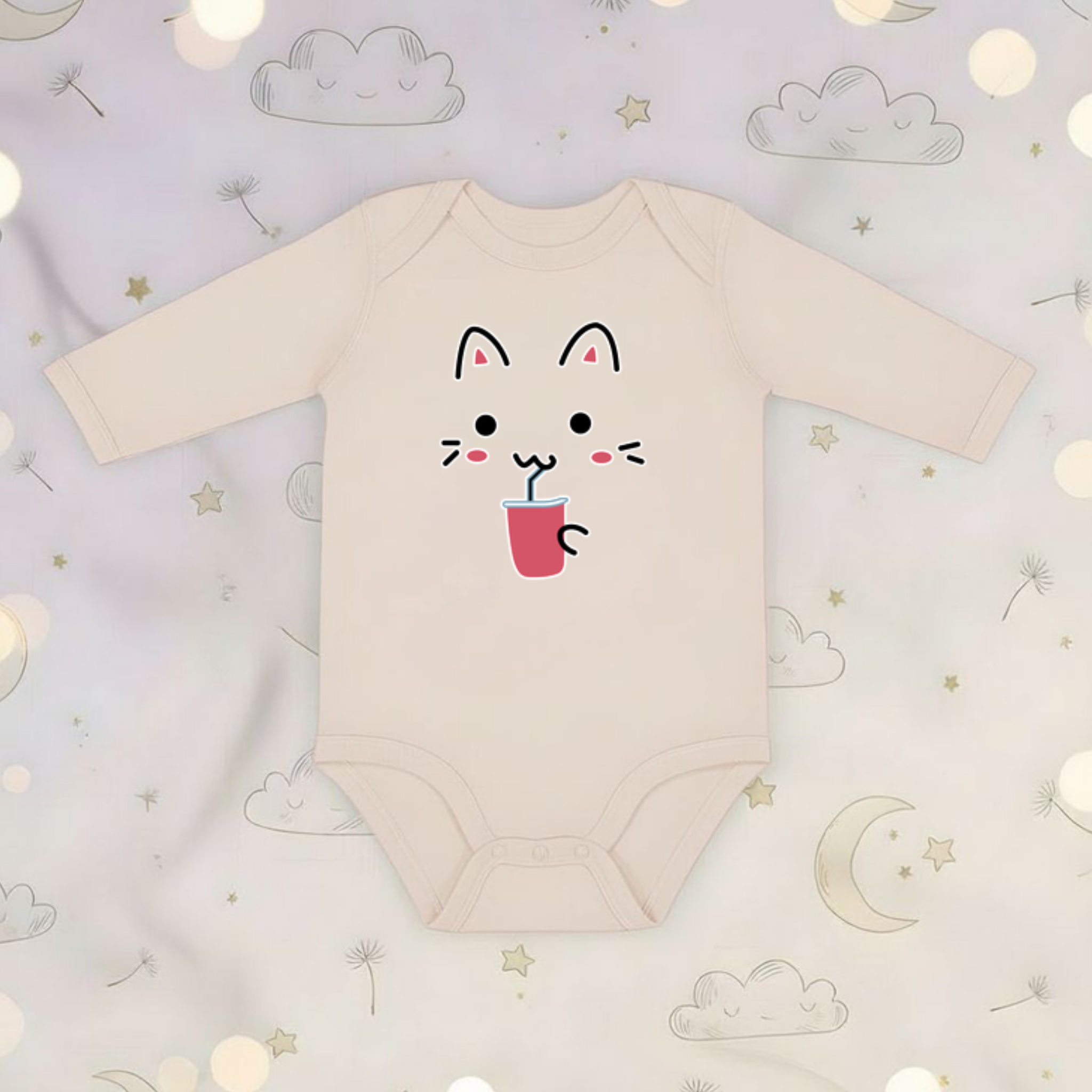 Kitten Drinking Boba Tea Long Sleeve Onesie