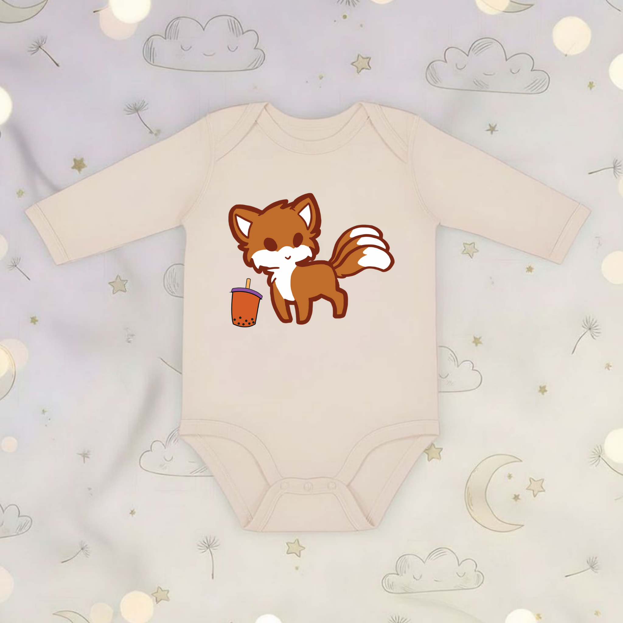 Fox Drinking Boba Tea Long Sleeve Onesie