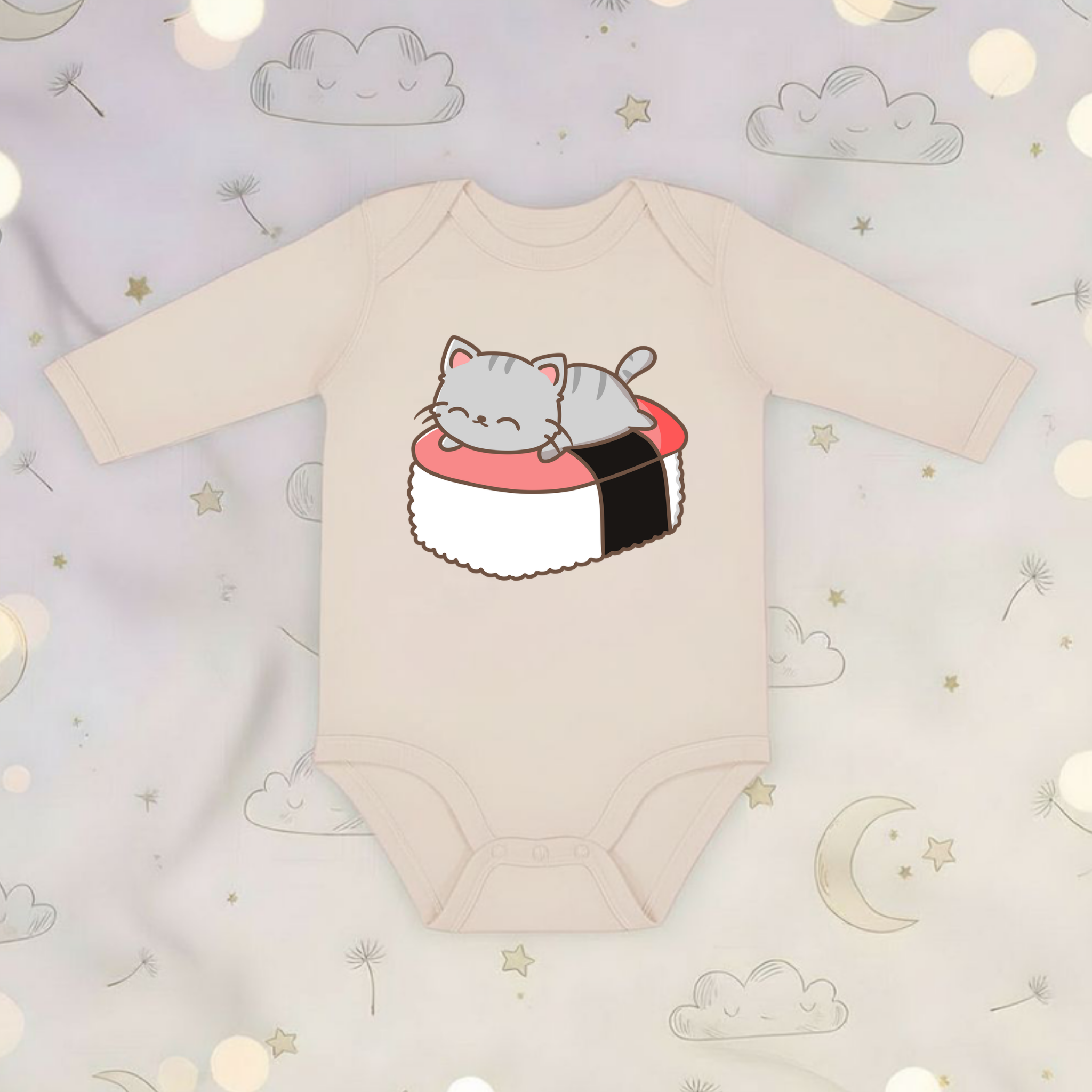 Grey Kitten on Sushi Bed Long Sleeve Onesie