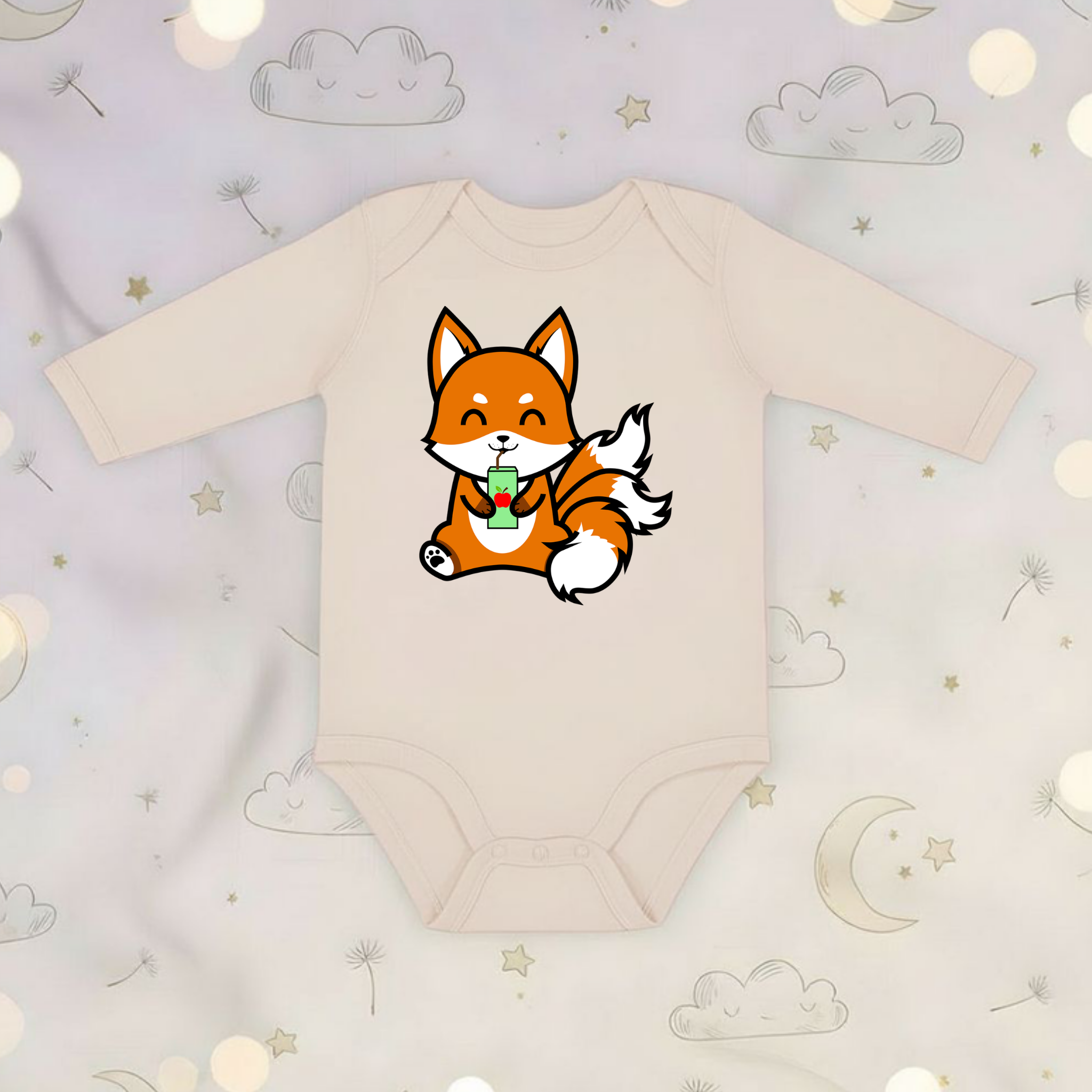 3-Tailed Fox Drinking Apple Juice Long Sleeve Onesie