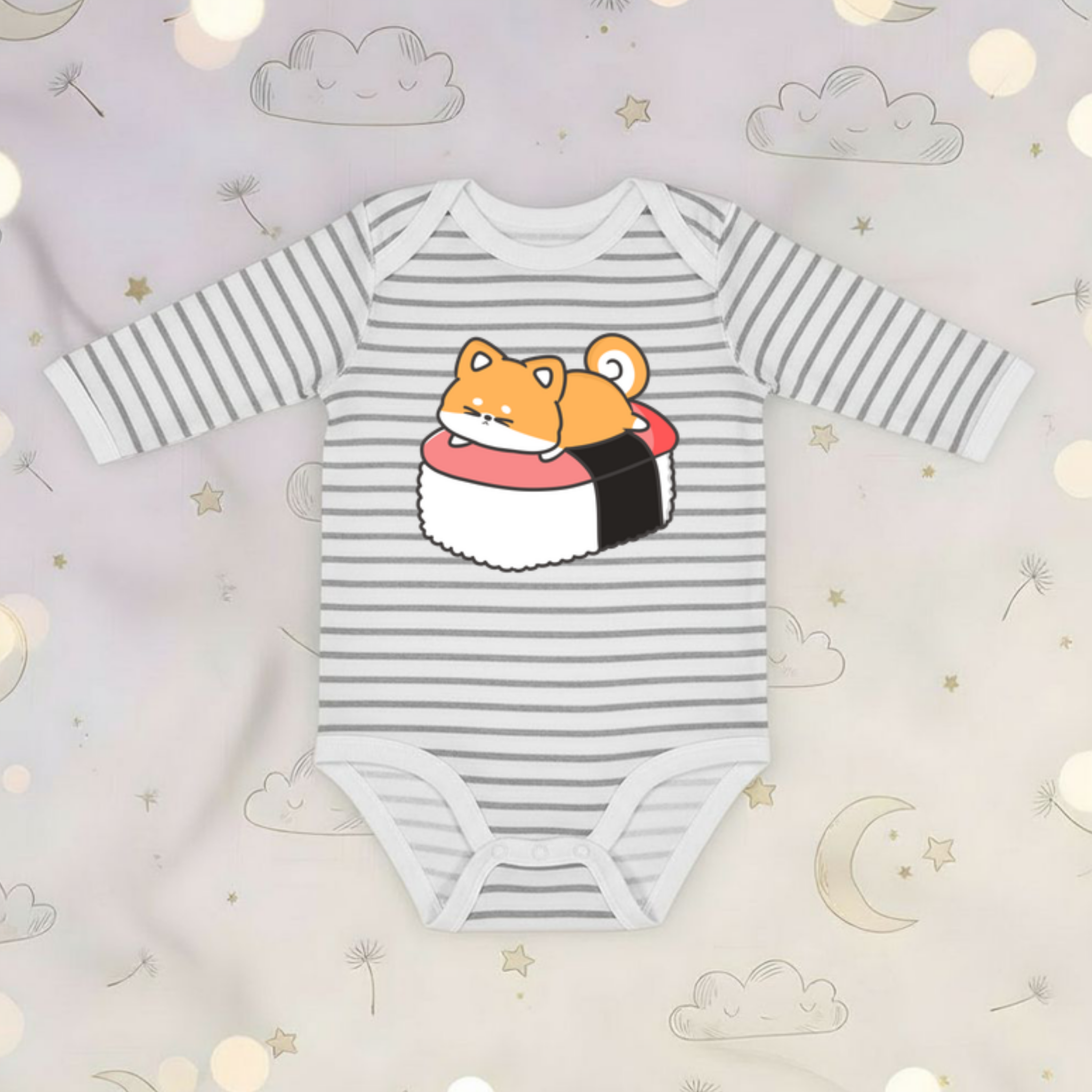Puppy on Sushi Bed Long Sleeve Onesie