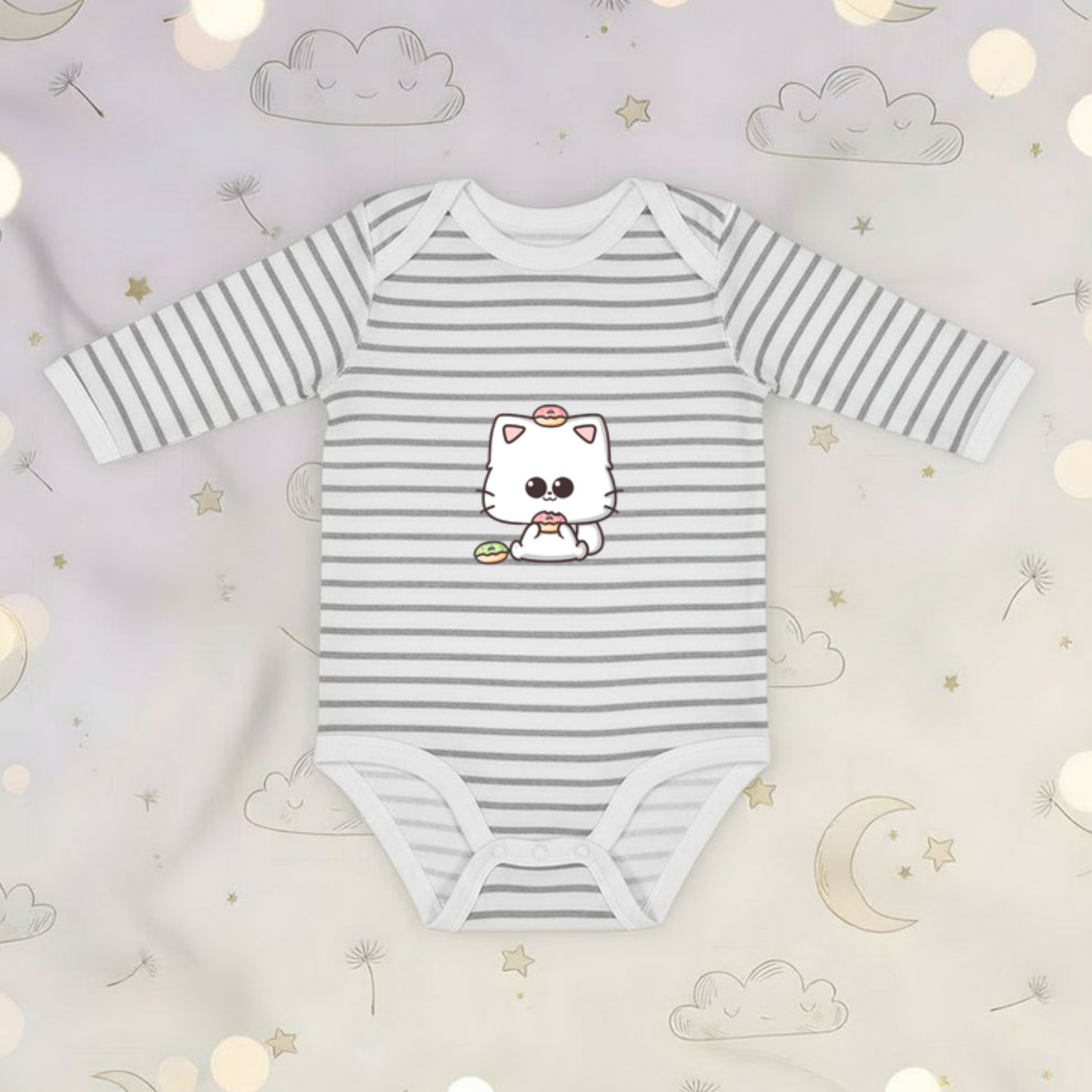Kitten Eating Donuts Long Sleeve Onesie