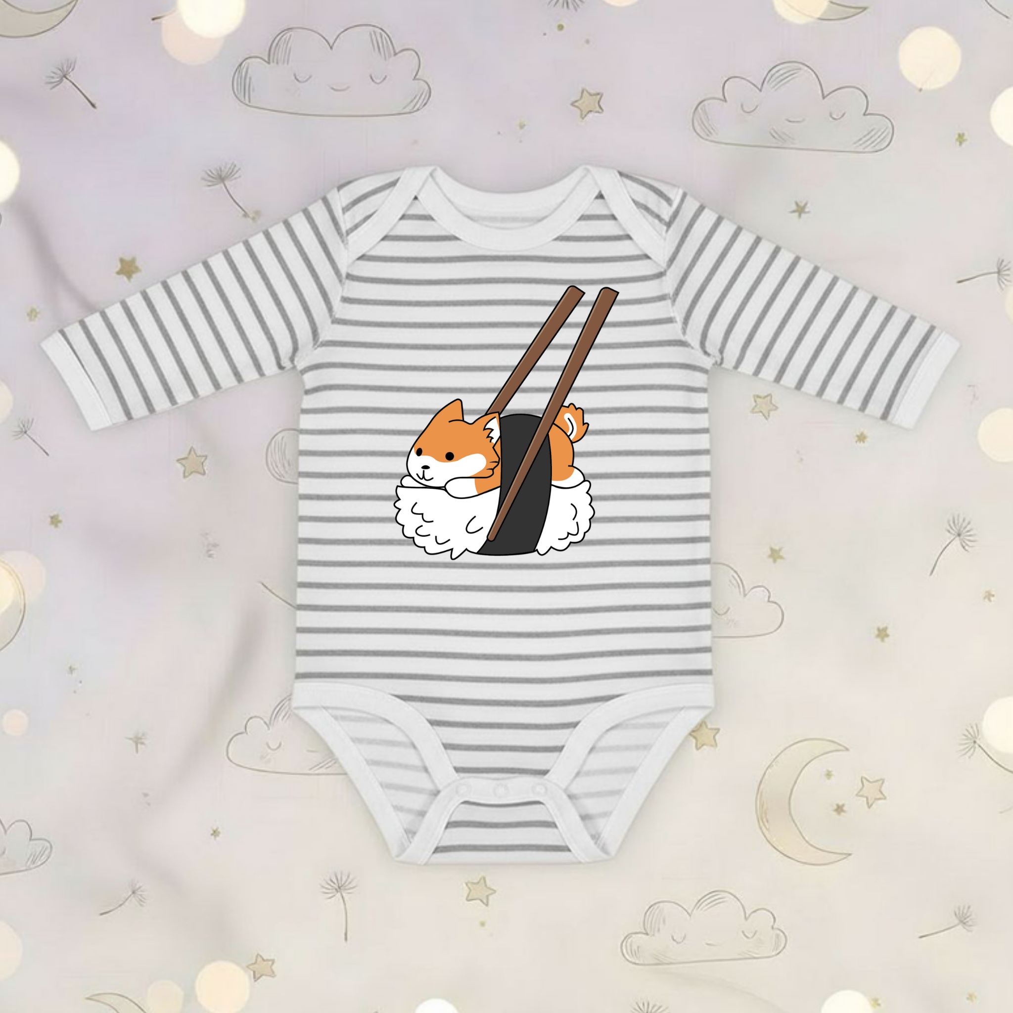 Shiba Inu Sushi with Chopsticks Long Sleeve Onesie