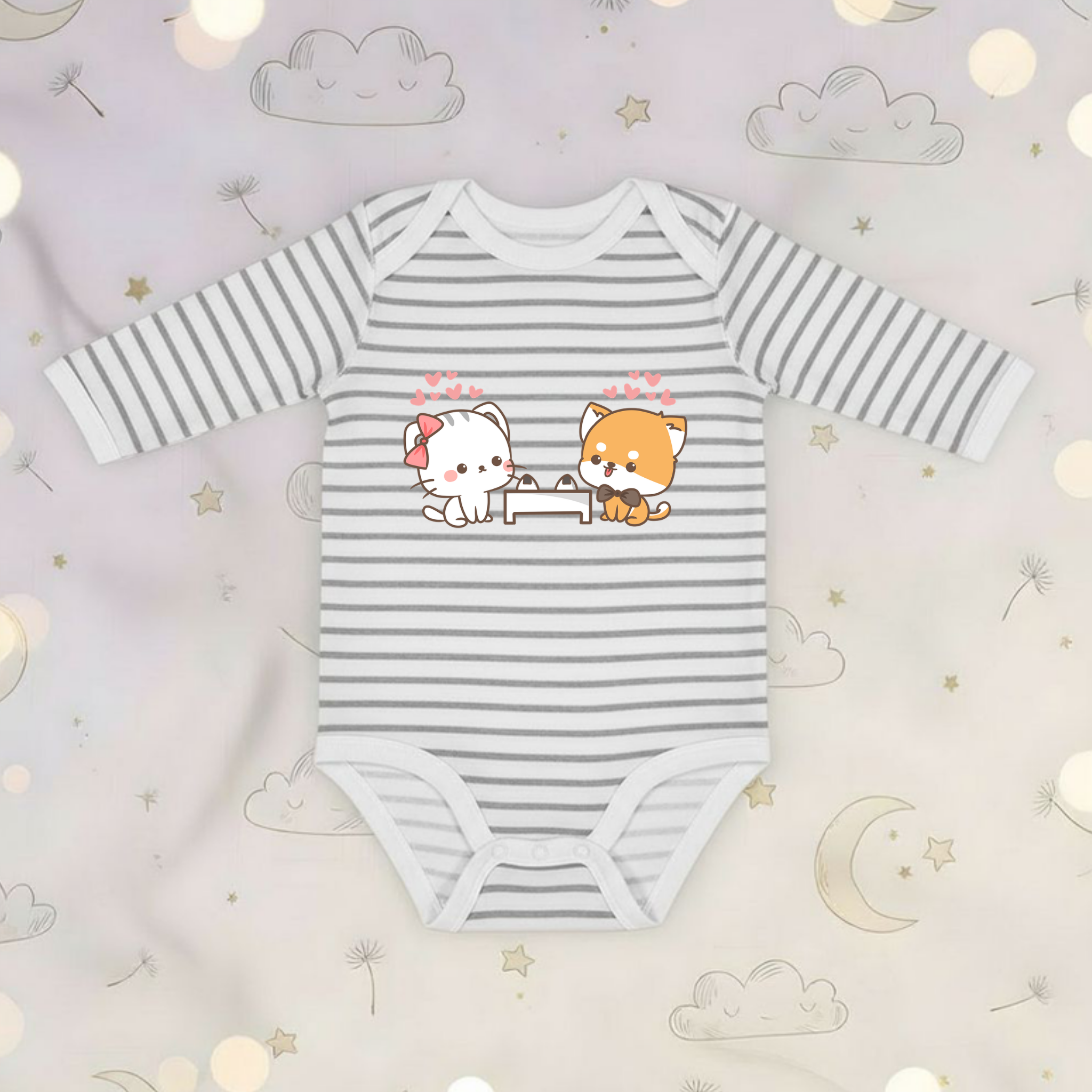 Cat and Dog Sushi Date Long Sleeve Onesie