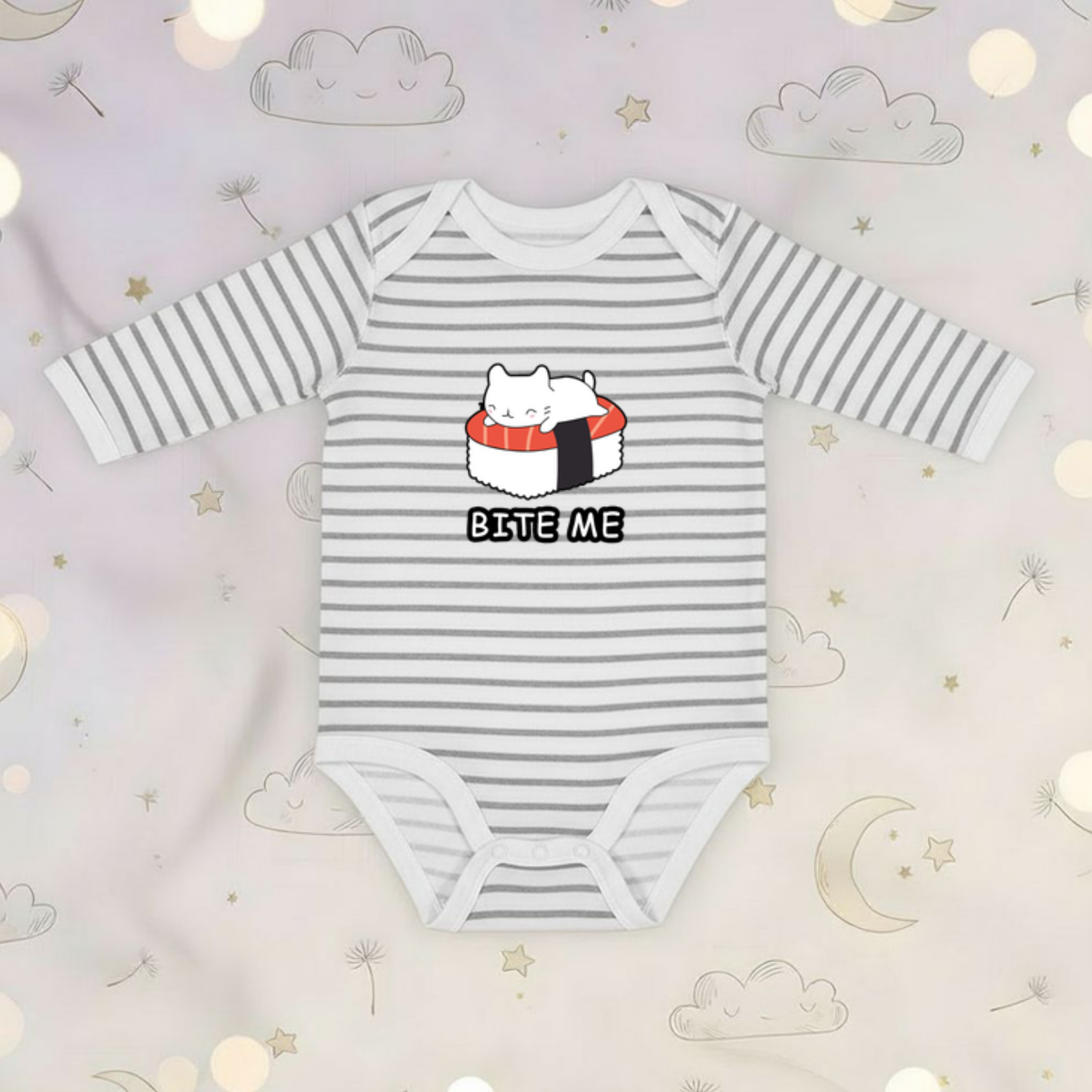 Bite Me White Kitten on Sushi Bed Long Sleeve Onesie