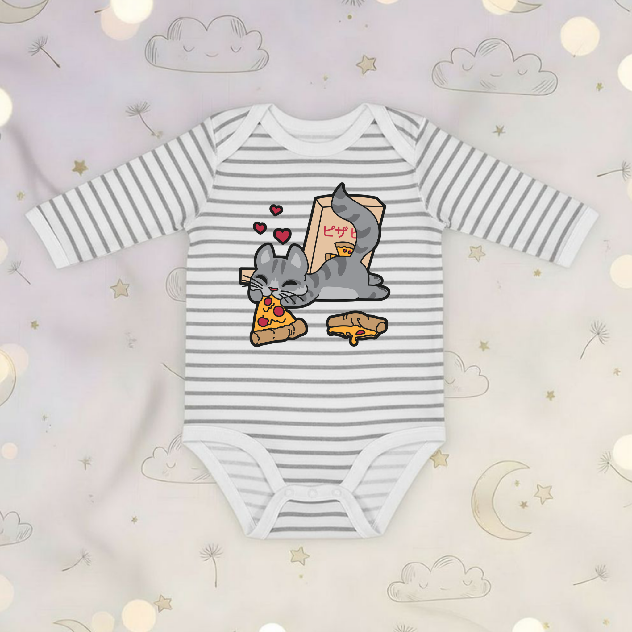 Cat Eating Pizza Long Sleeve Onesie