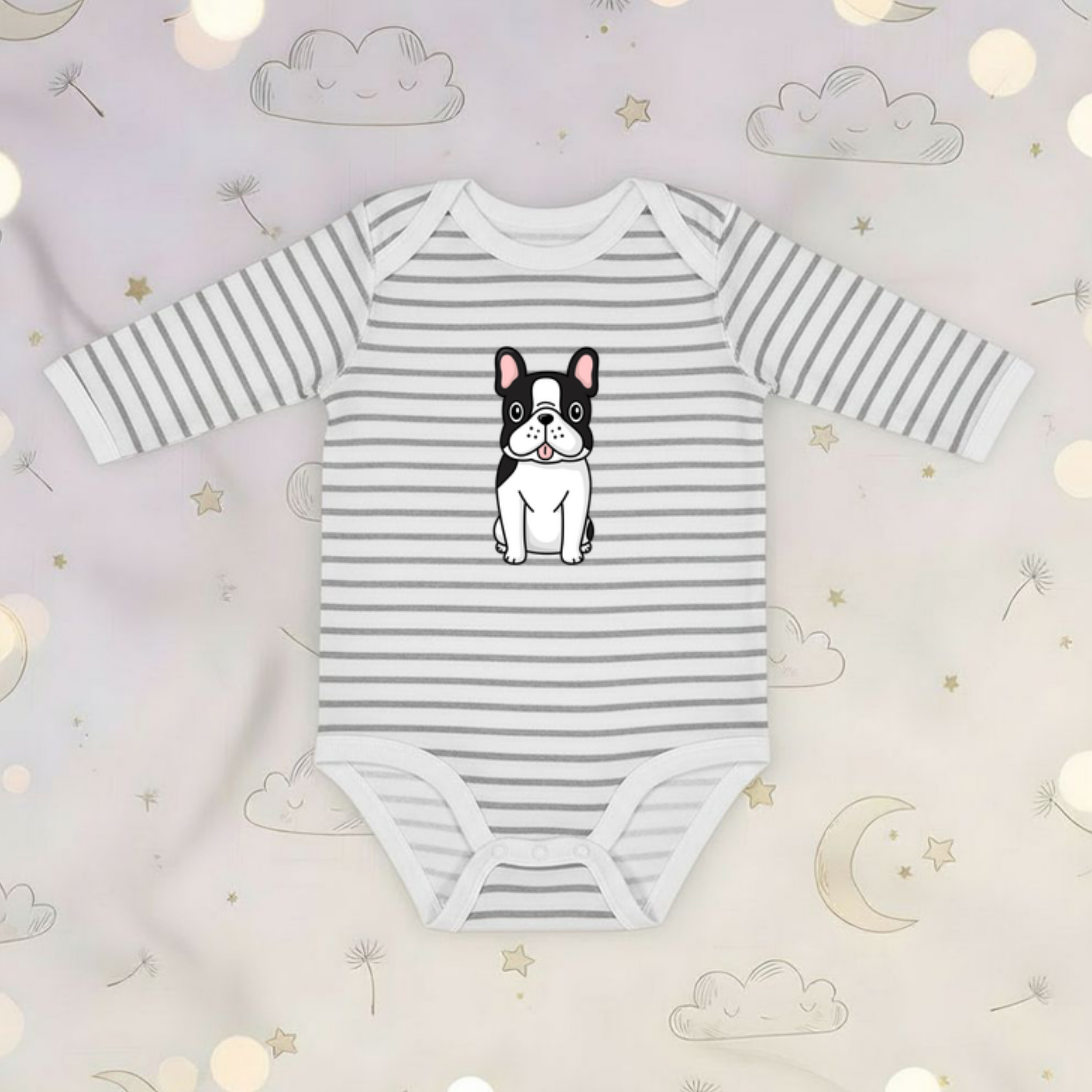 Black and White French Bulldog Long Sleeve Onesie