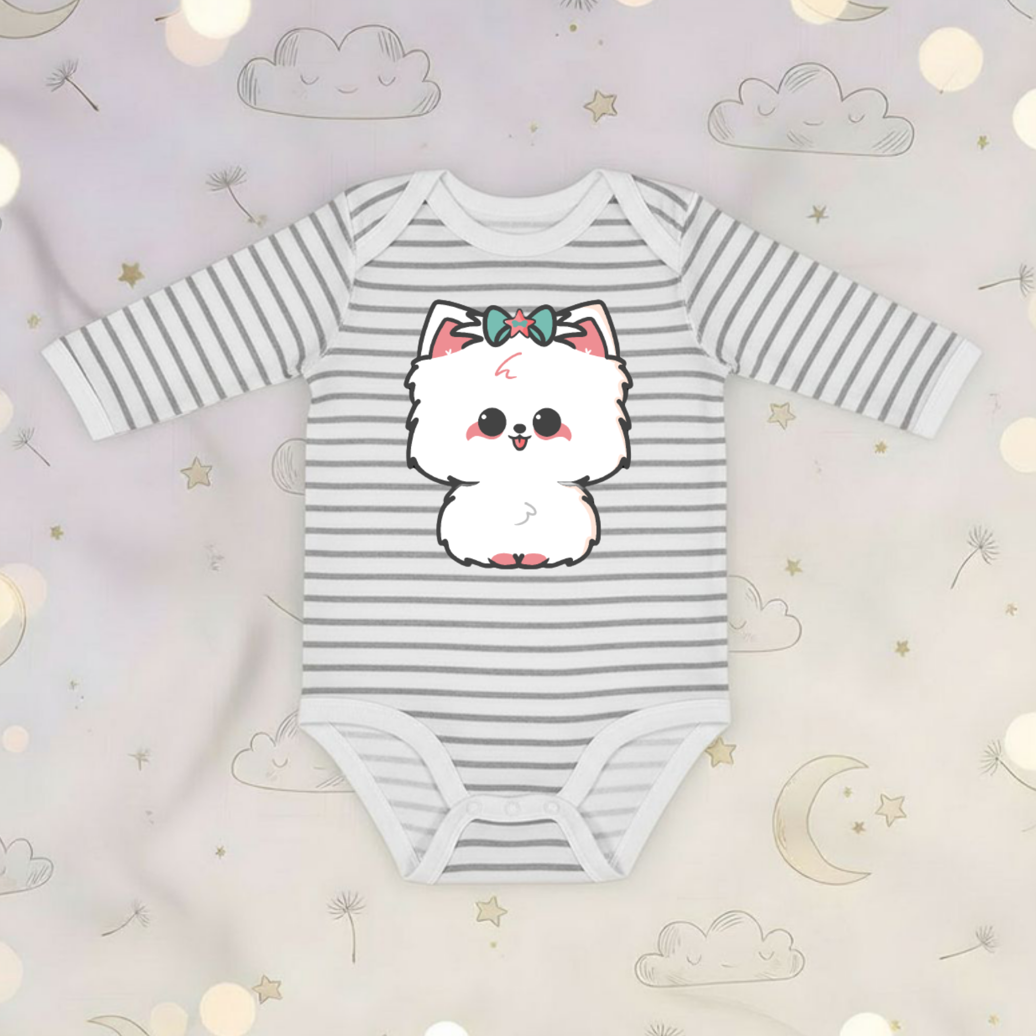 White Puppy with Bow Long Sleeve Onesie