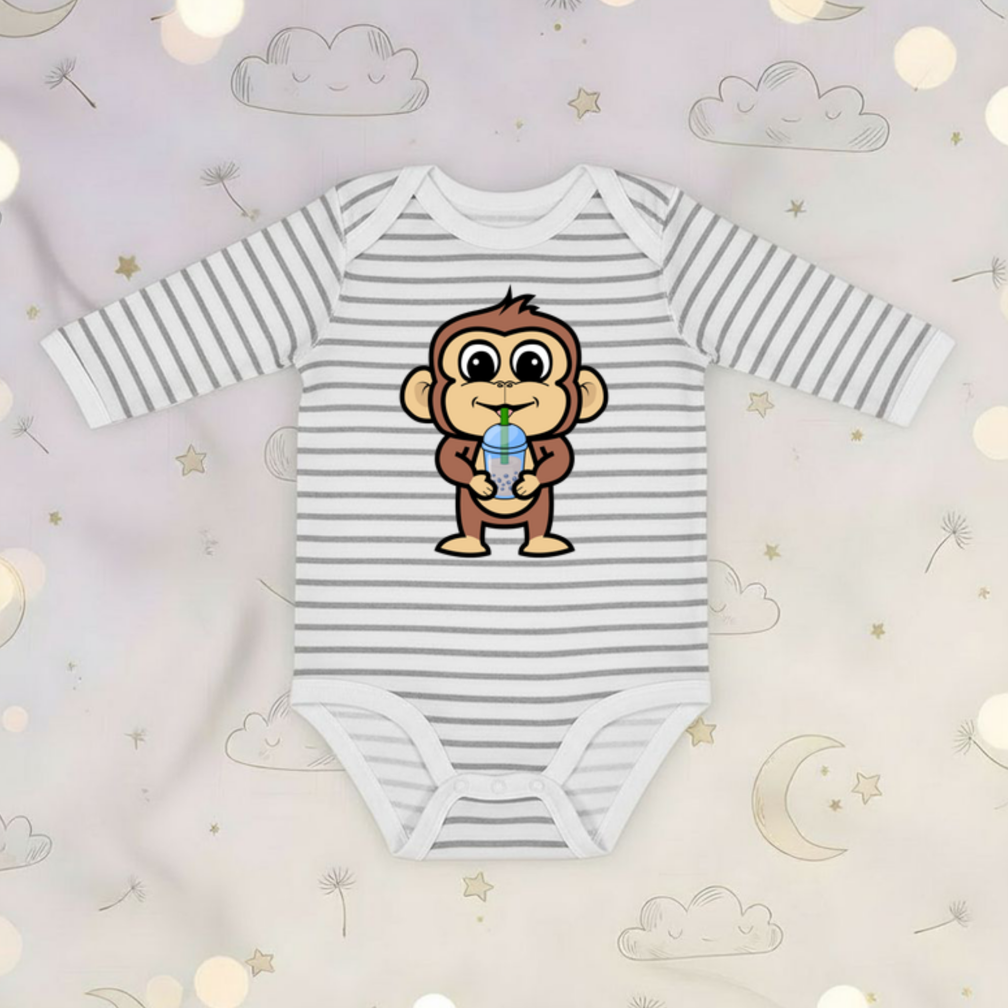 Monkey Drinking Boba Tea Long Sleeve Onesie