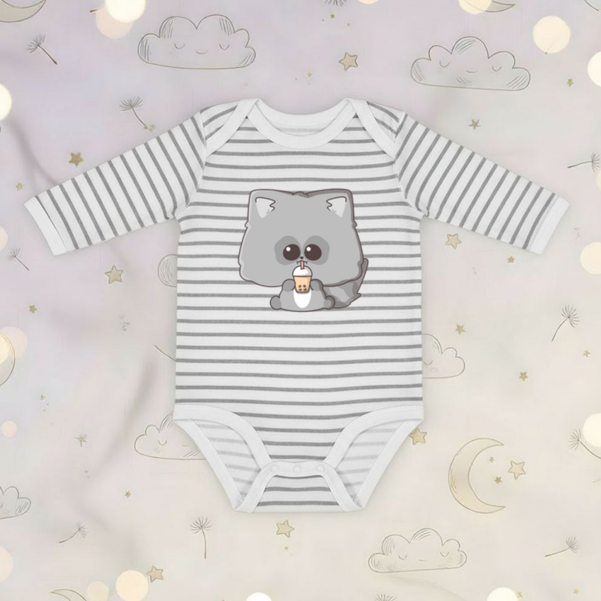 Raccoon Drinking Boba Tea Long Sleeve Onesie