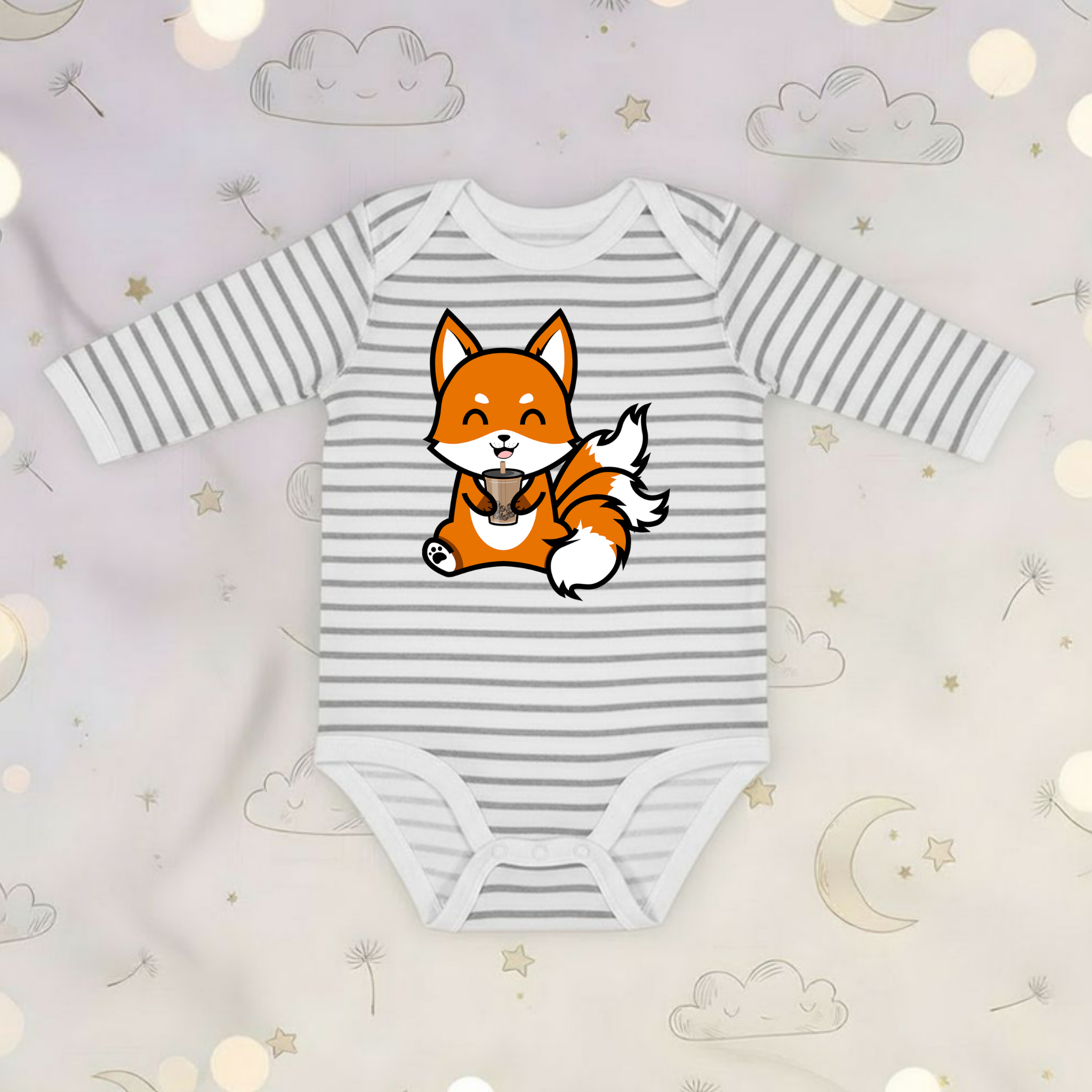 3-Tailed Fox Drinking Boba Tea Long Sleeve Onesie