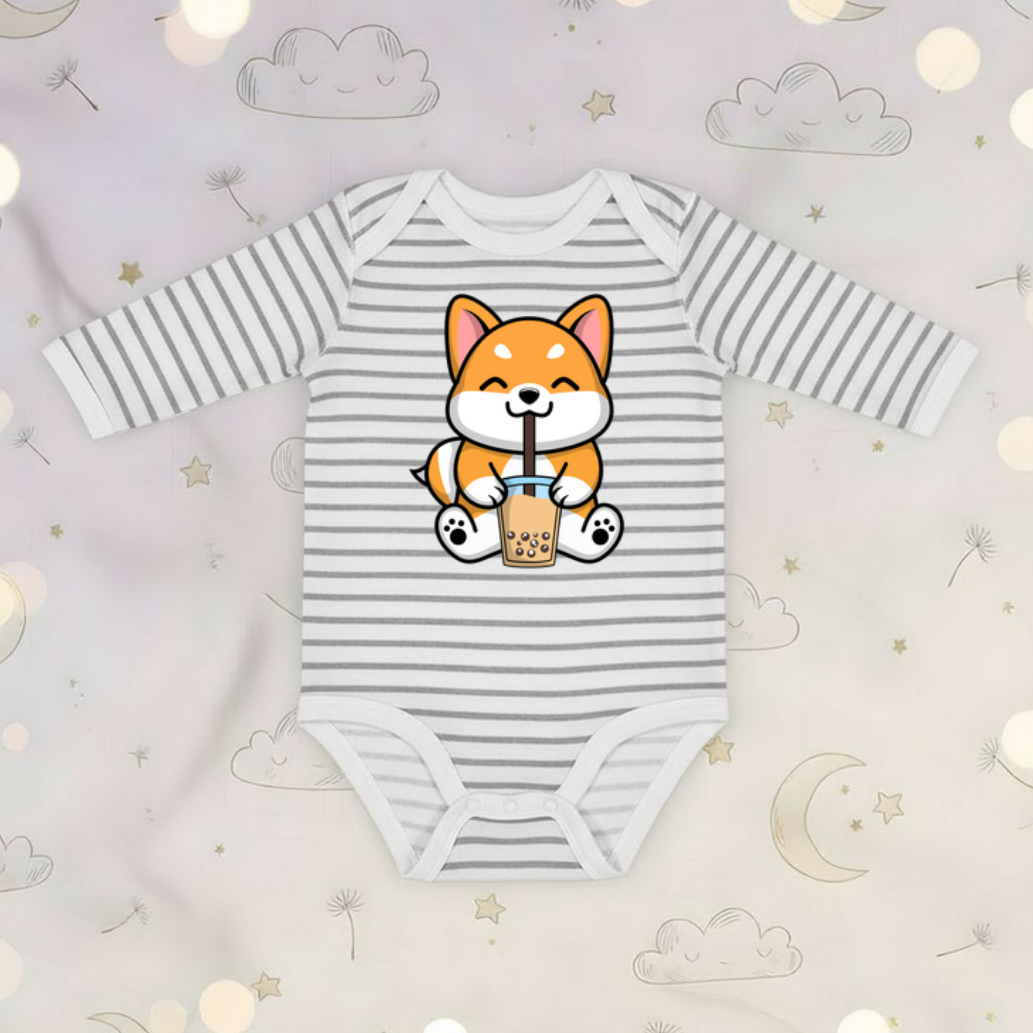 Puppy Drinking Boba Tea Long Sleeve Onesie