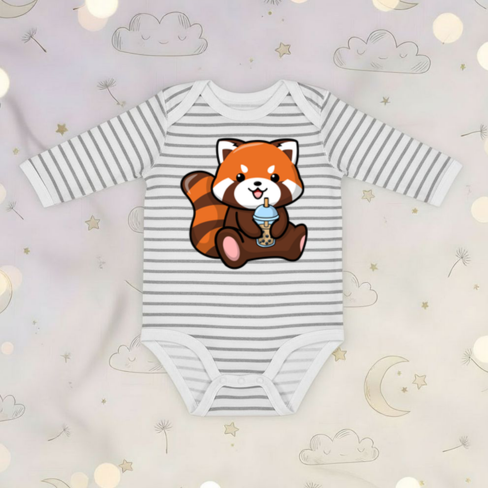Red Panda Drinking Boba Tea Long Sleeve Onesie