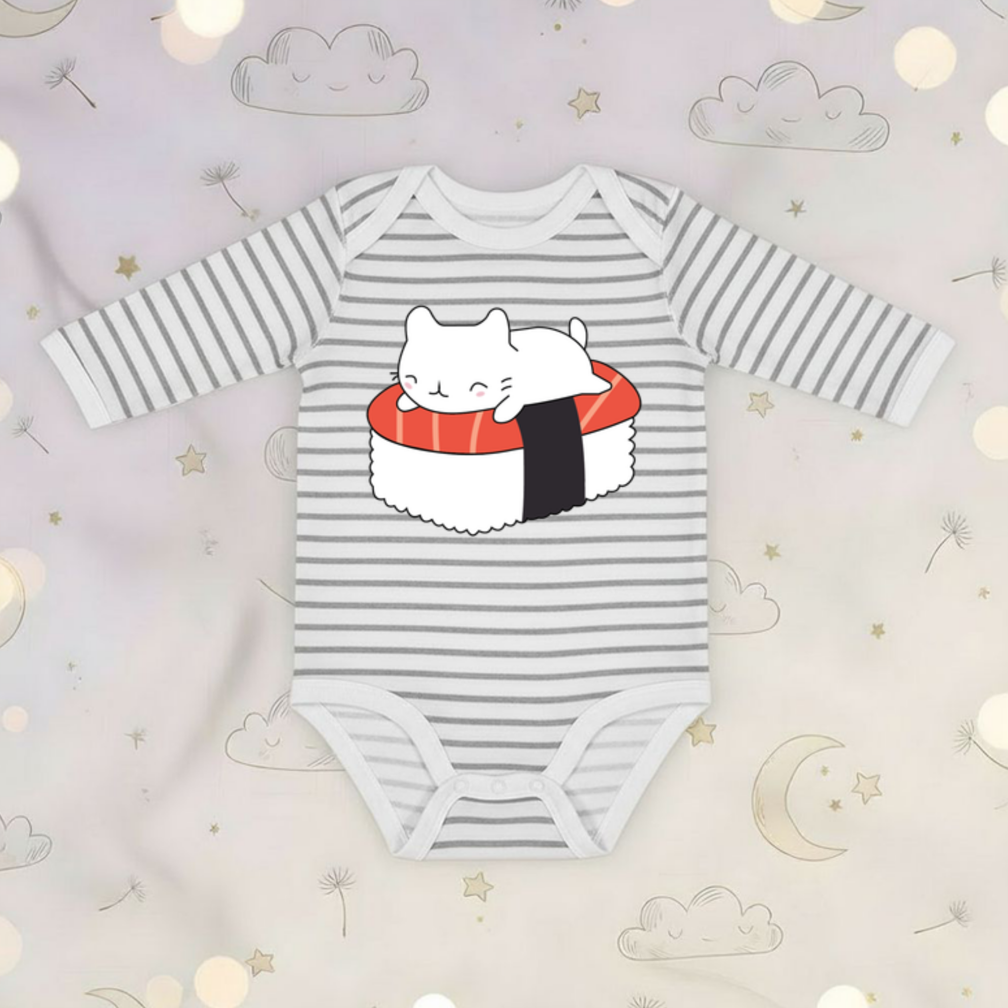 White Kitten on Sushi Bed Long Sleeve Onesie