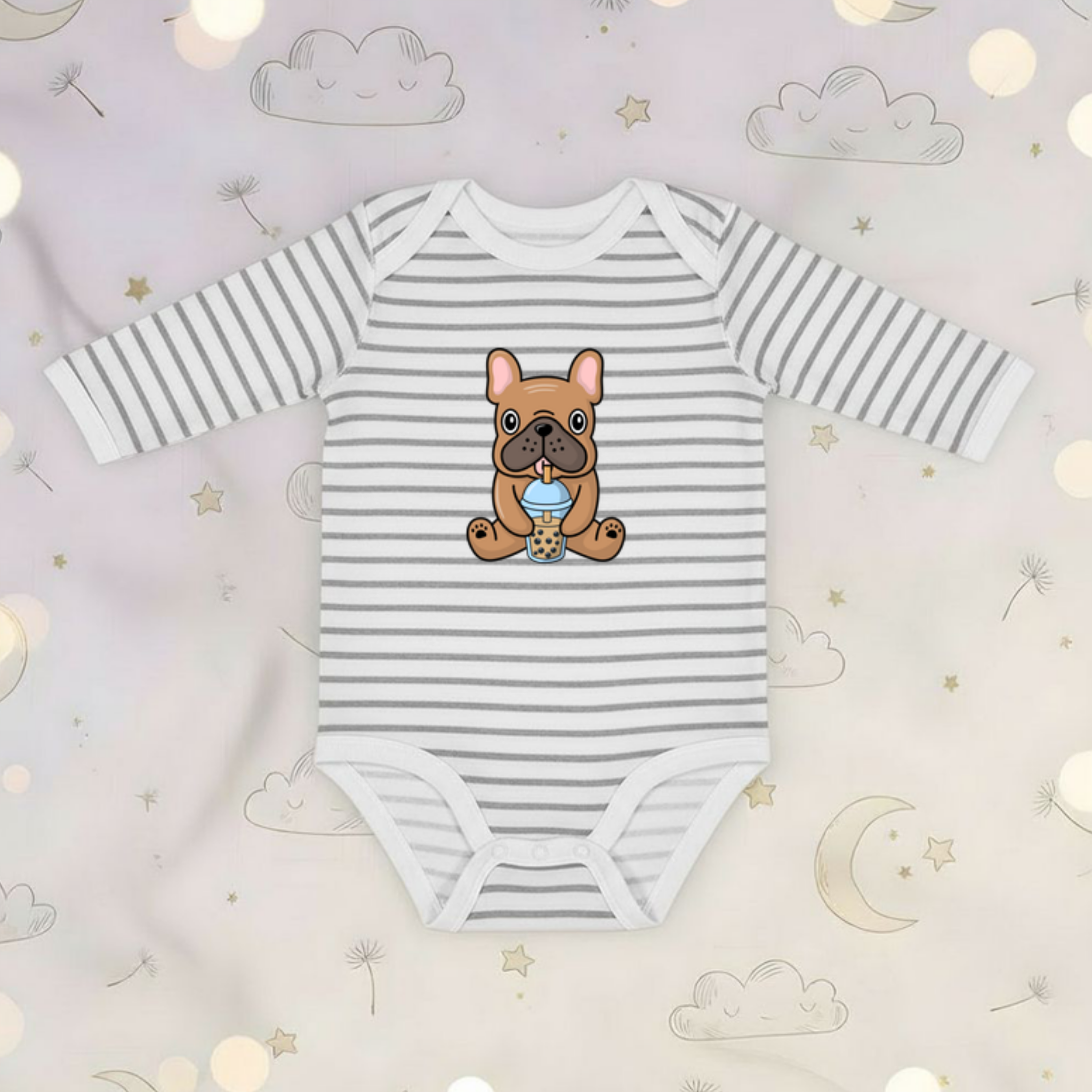 French Bulldog Drinking Boba Long Sleeve Onesie