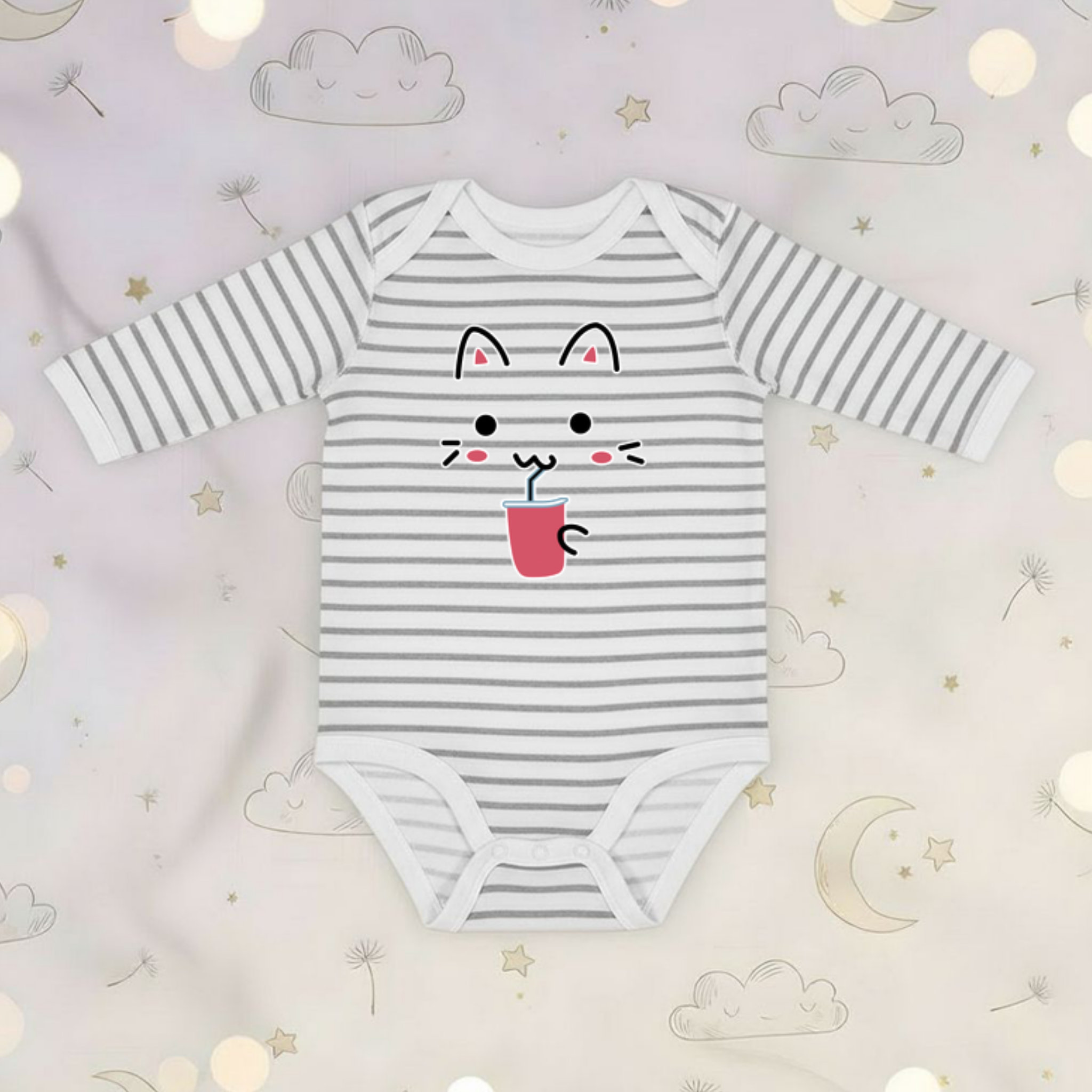 Kitten Drinking Boba Tea Long Sleeve Onesie