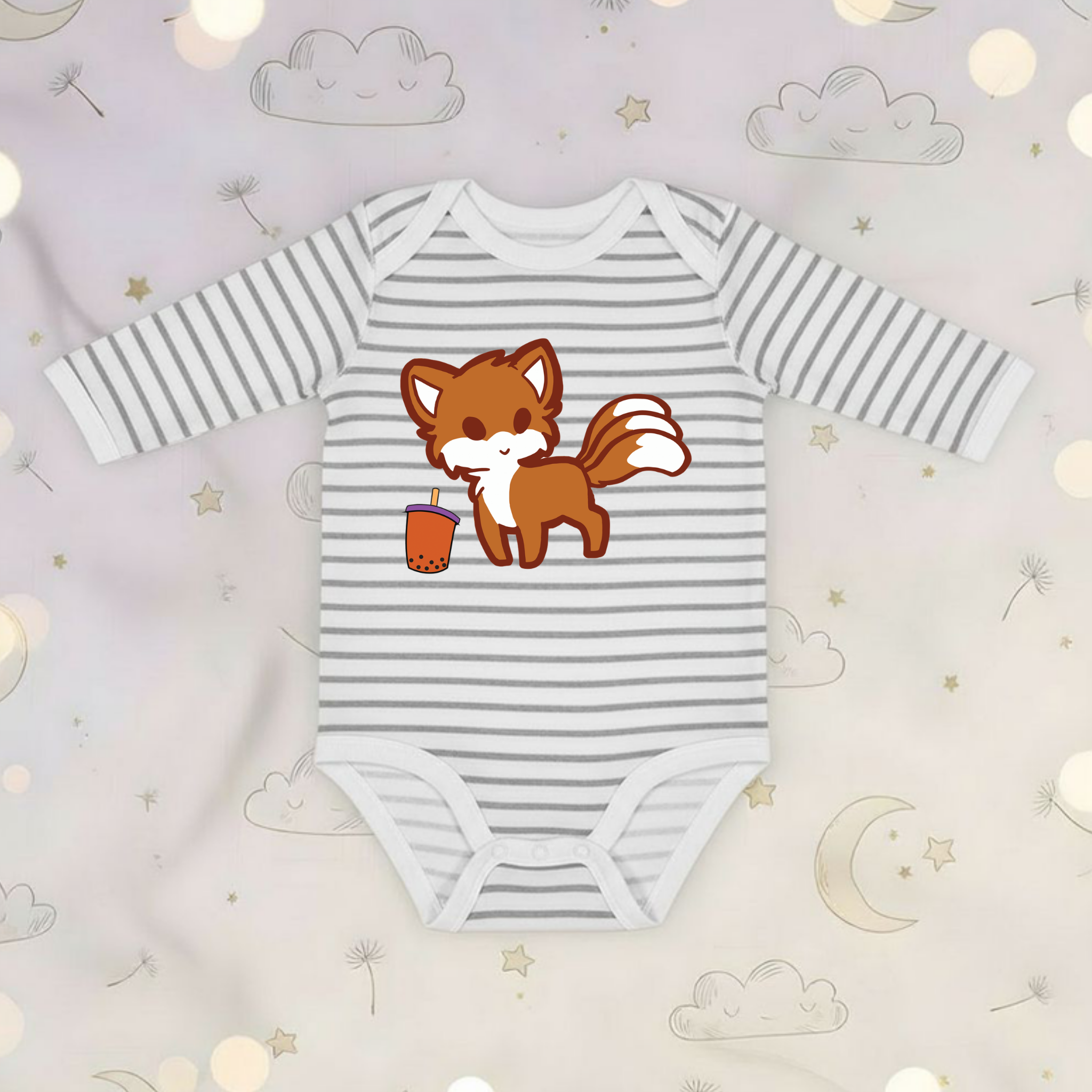 Fox Drinking Boba Tea Long Sleeve Onesie
