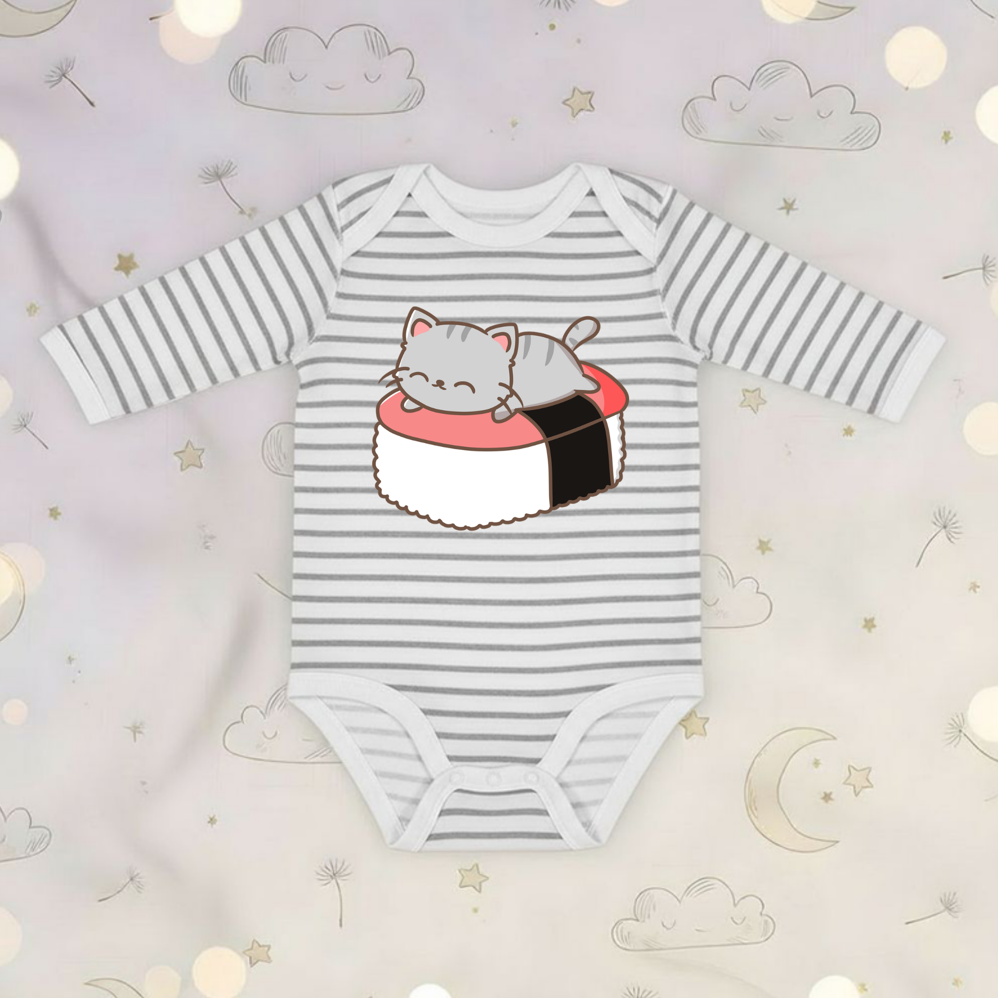 Grey Kitten on Sushi Bed Long Sleeve Onesie