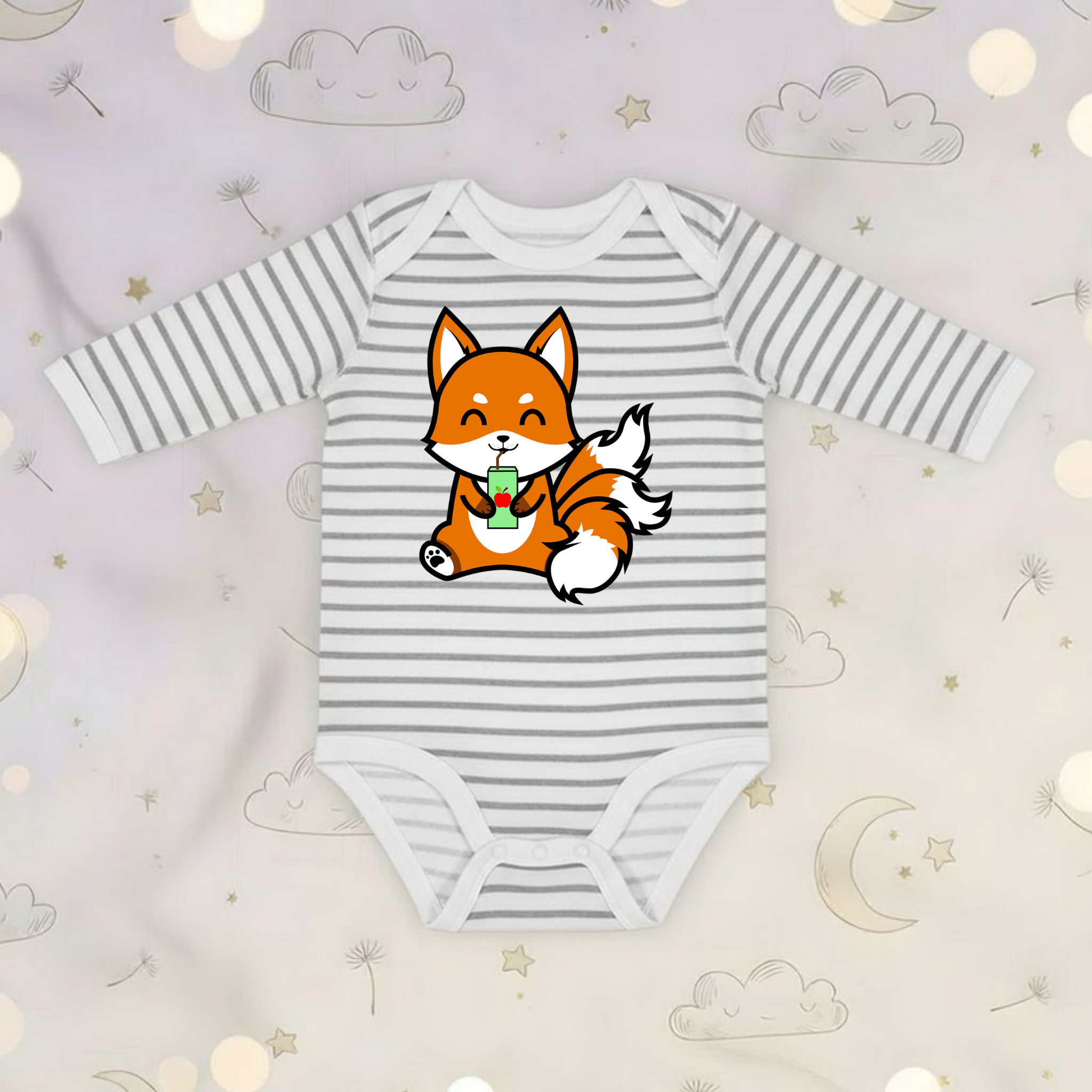 3-Tailed Fox Drinking Apple Juice Long Sleeve Onesie